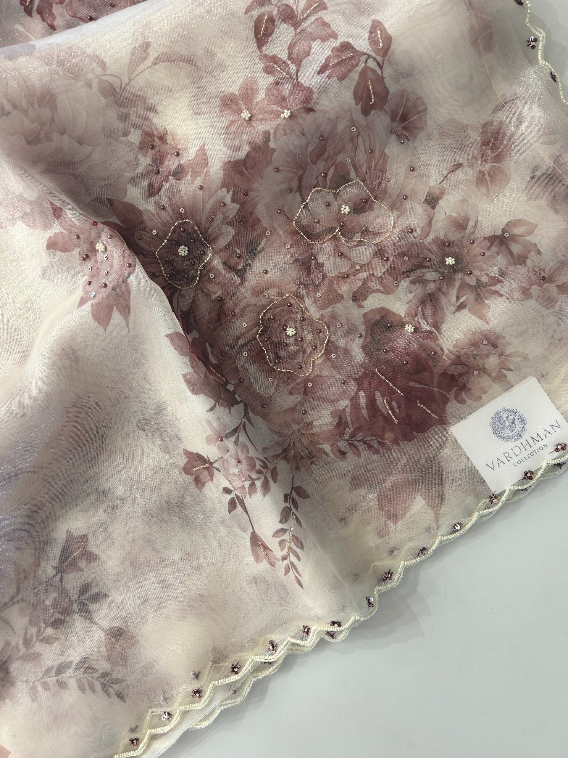 Mauve Pink - White Floral Tissue Organza Saree with Handwork