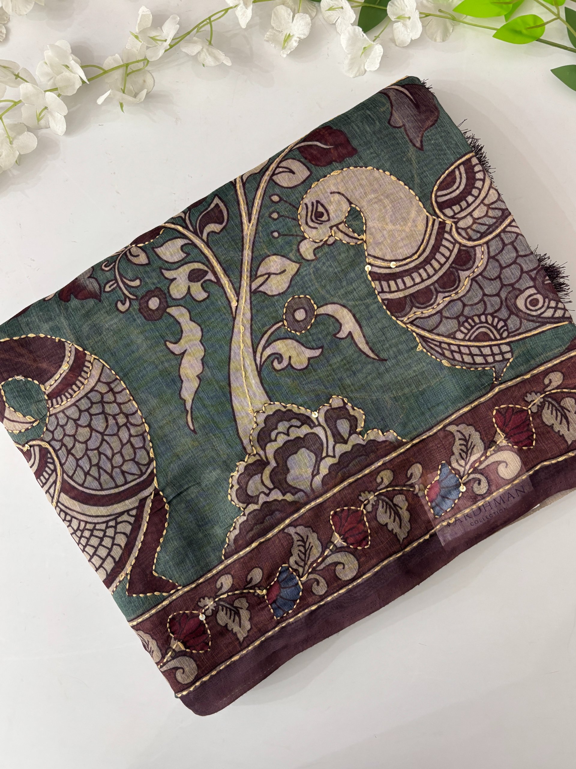 Dusty Green Kalamkari X Chanderi Cotton Saree with Kantha Work