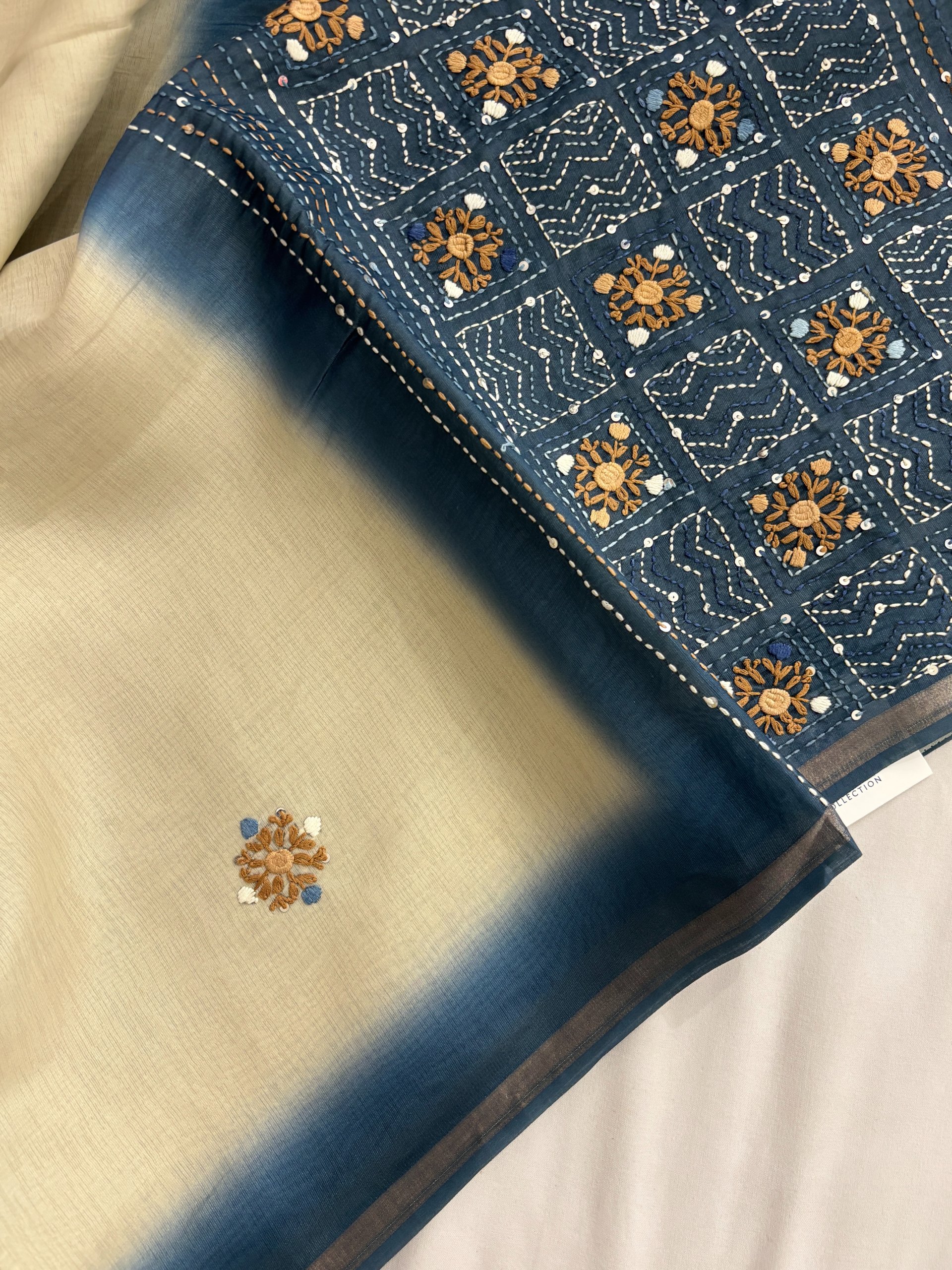 Blue and Cream Tusser Organza Saree with Knot Work