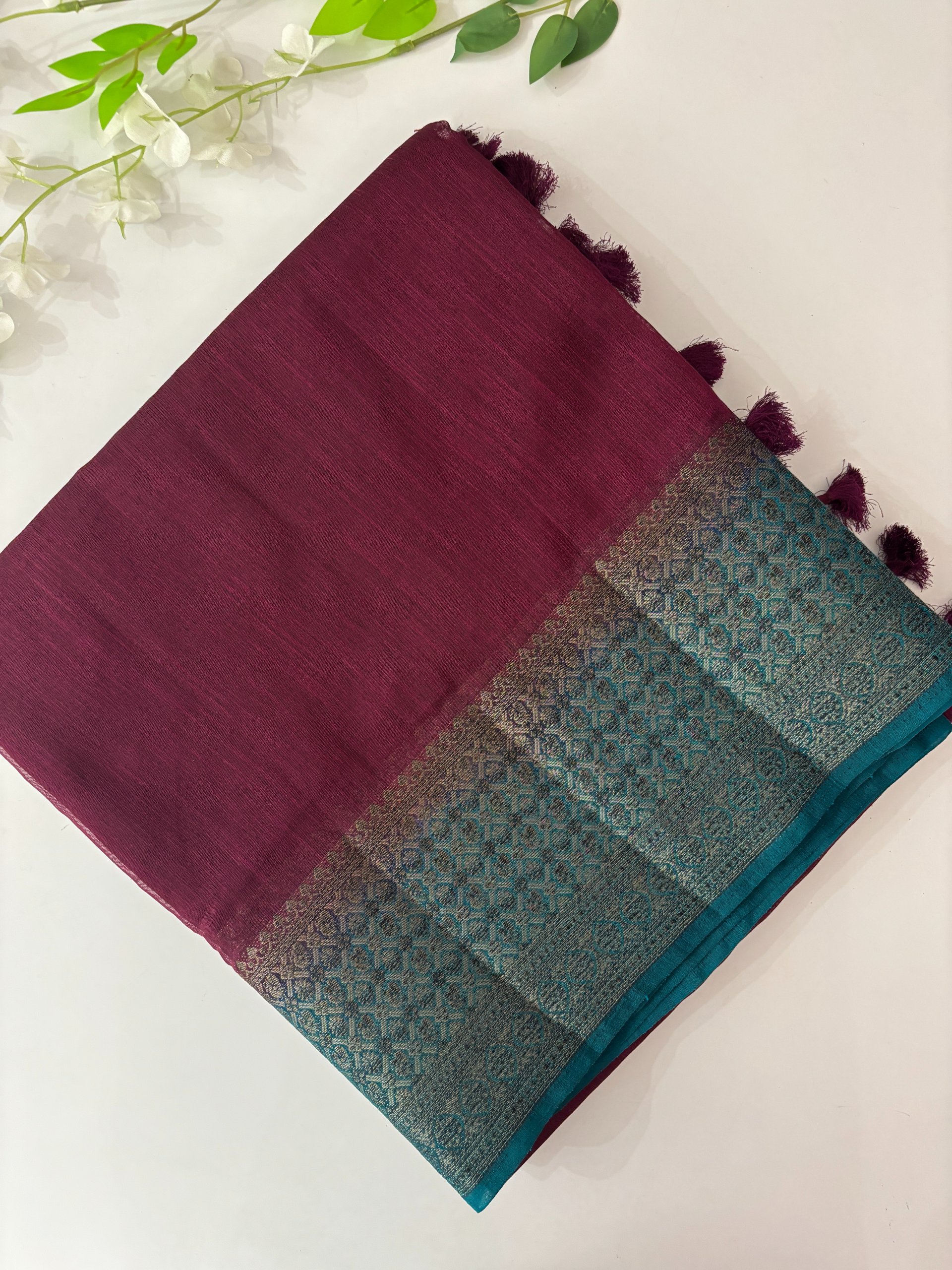 Wine Banarasi Jute Linen Silk Saree