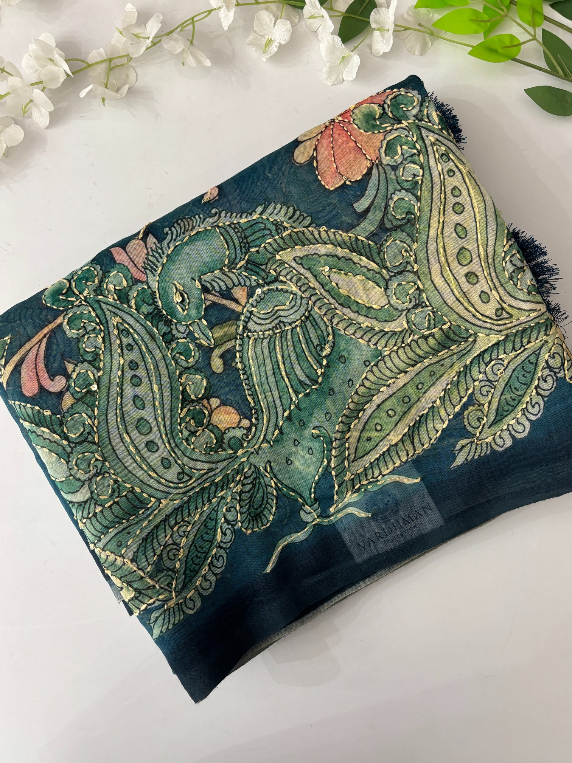 Green Kalamkari X Chanderi Cotton Saree with Kantha Work