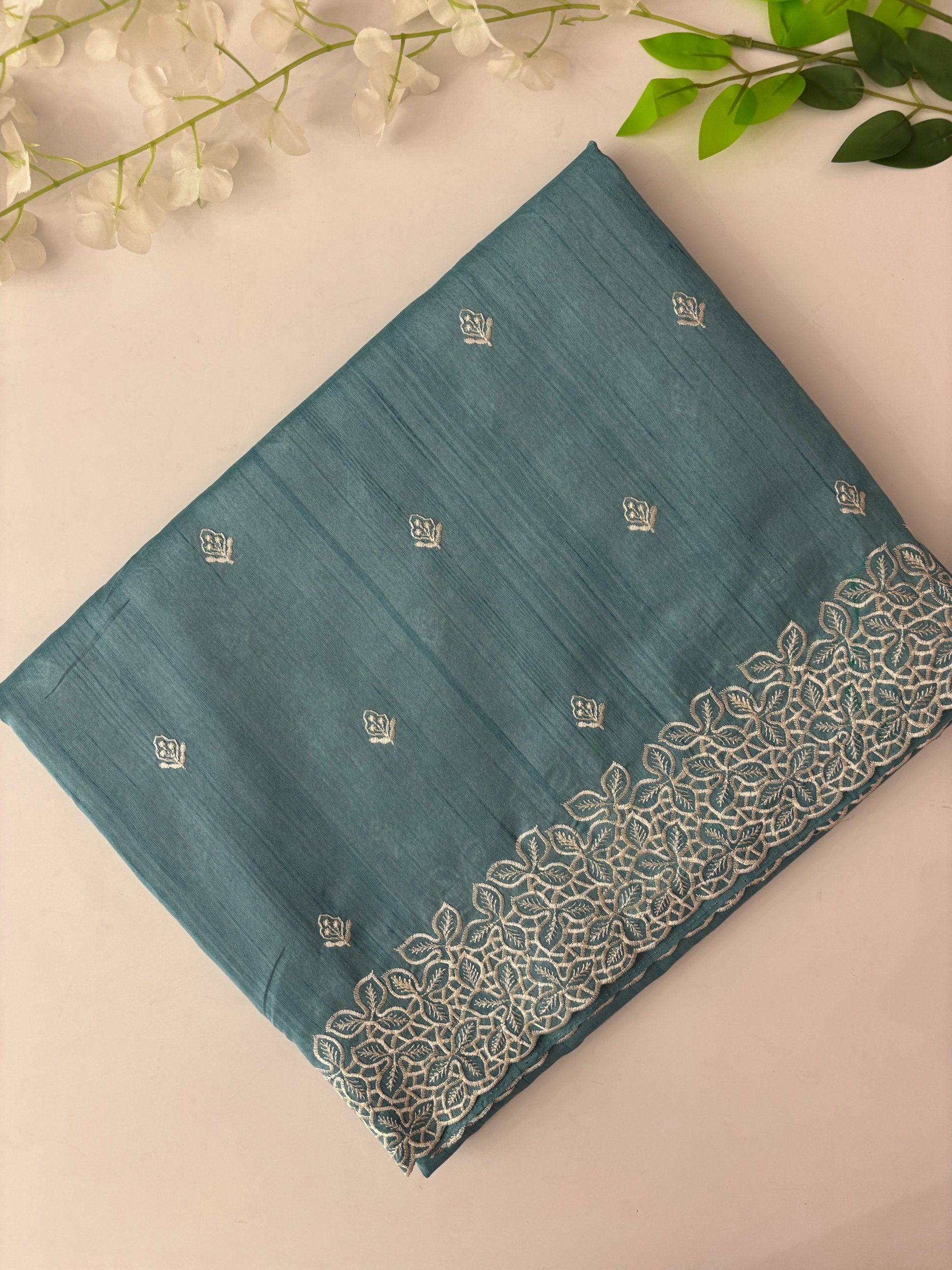 Blue Semi Tussar Silk Saree with Embroidery on it
