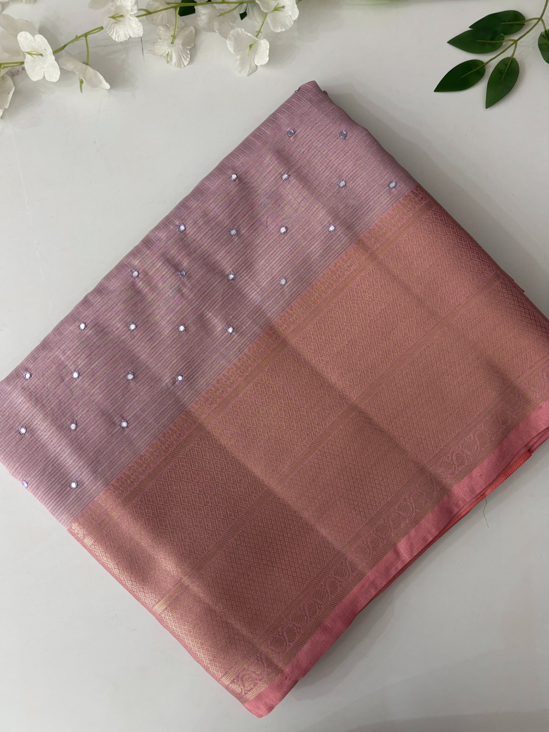 Lavender Tissue Kota Cotton Saree with Mirror Work