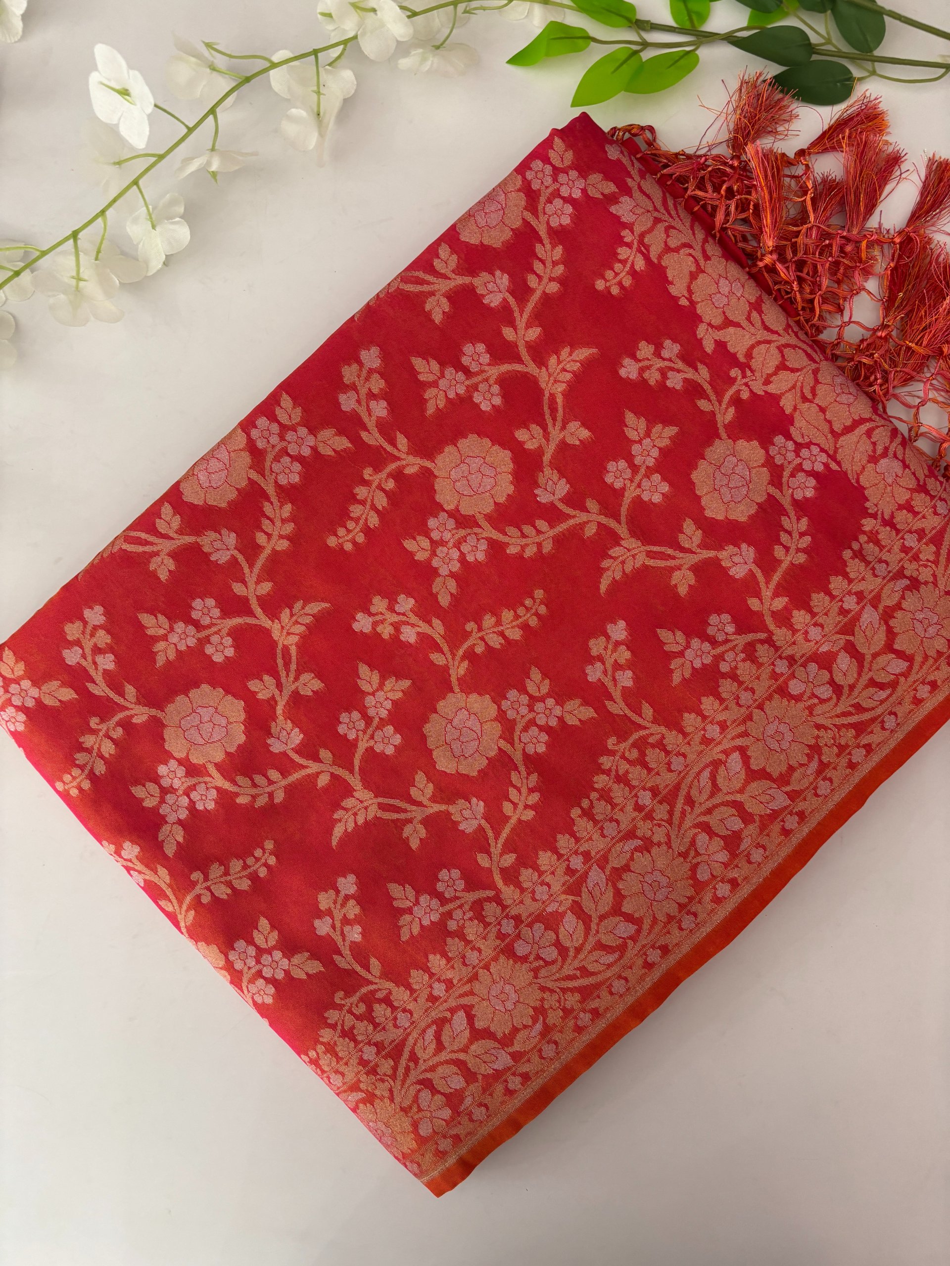 Orange Semi Banarasi Silk Saree