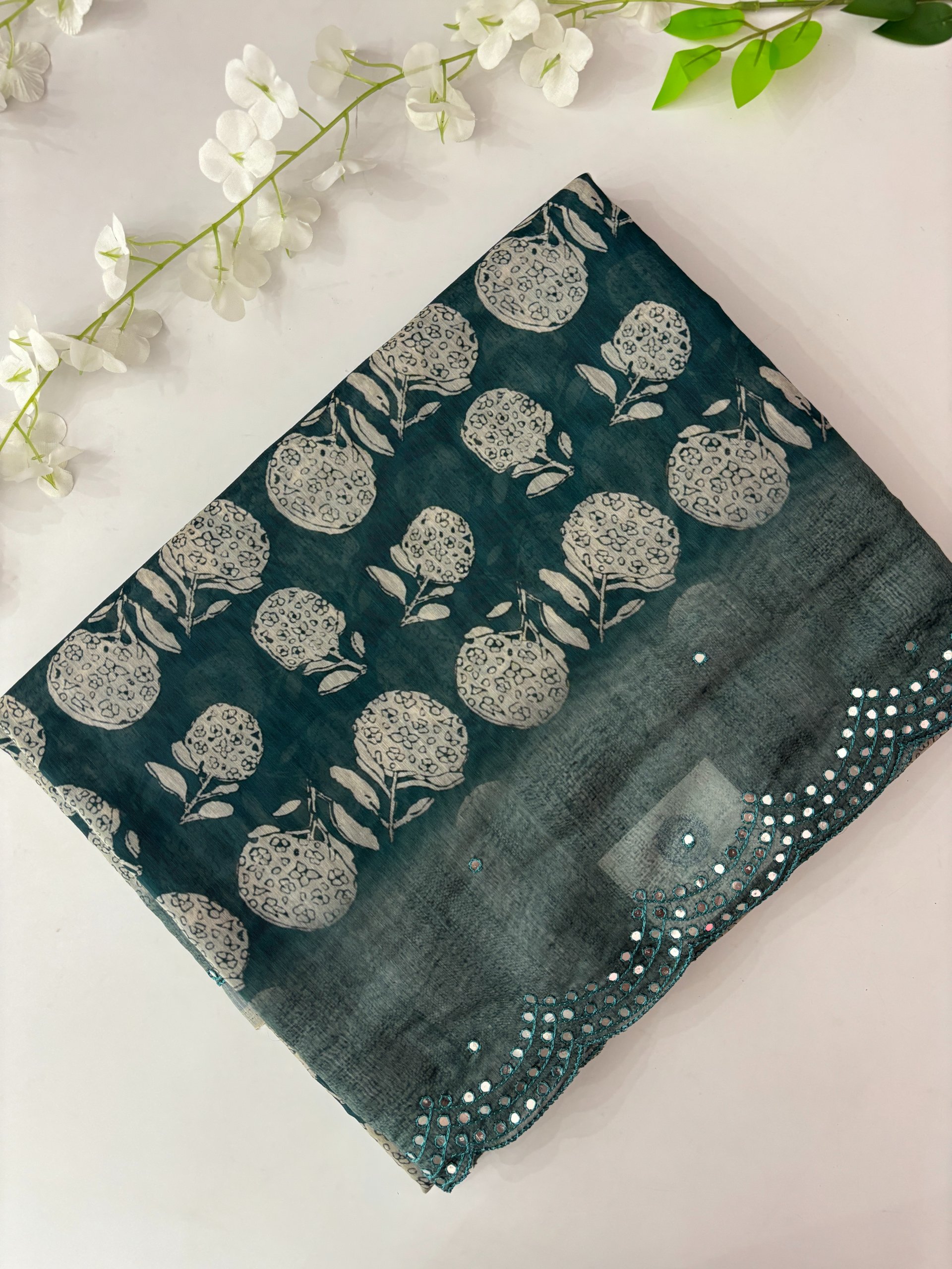 Dusty Green Scalping Border Digital Chanderi Cotton Saree with Mirror Work