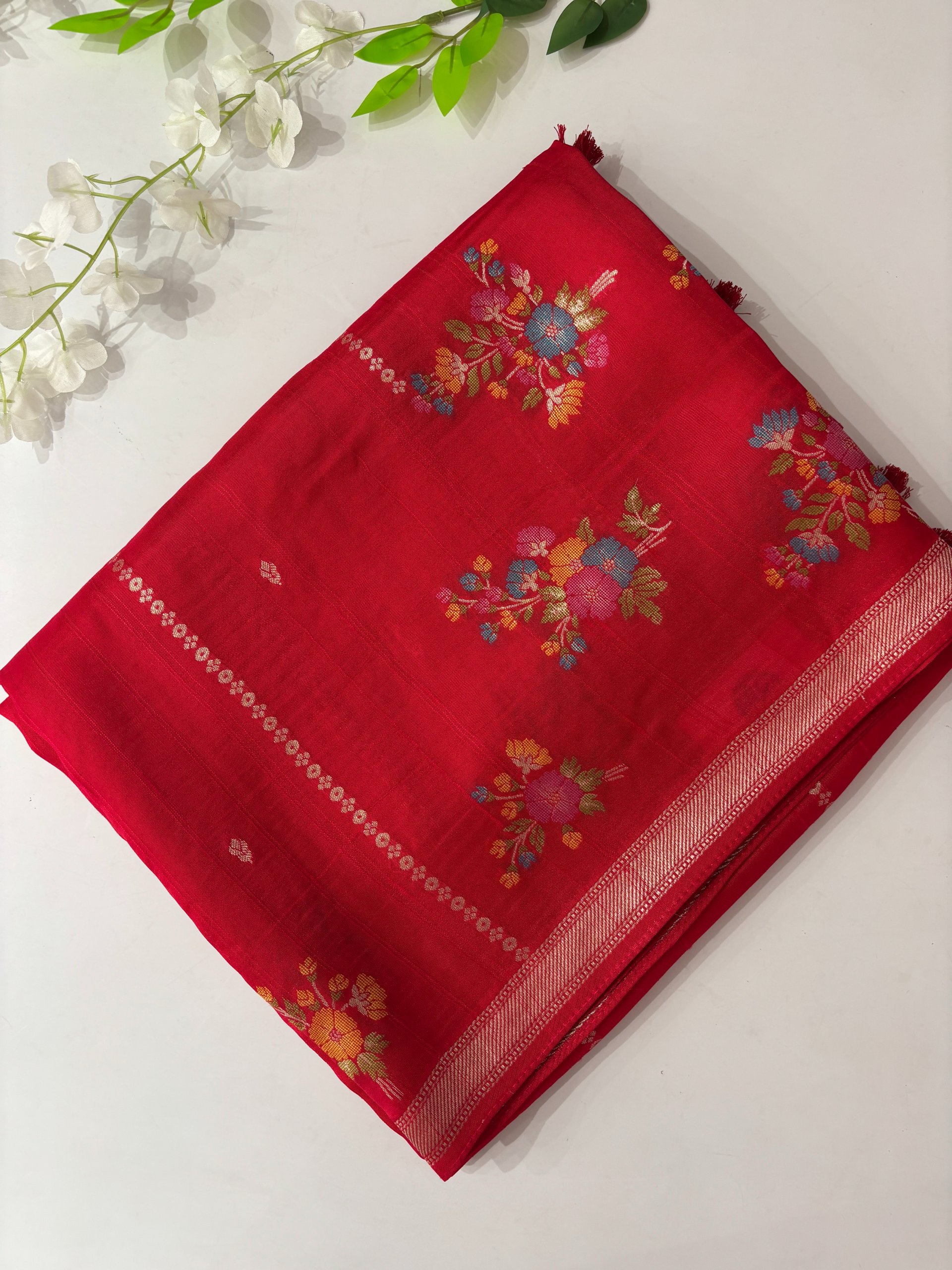 Red Small Border Banarasi Semi Tussar Silk Saree