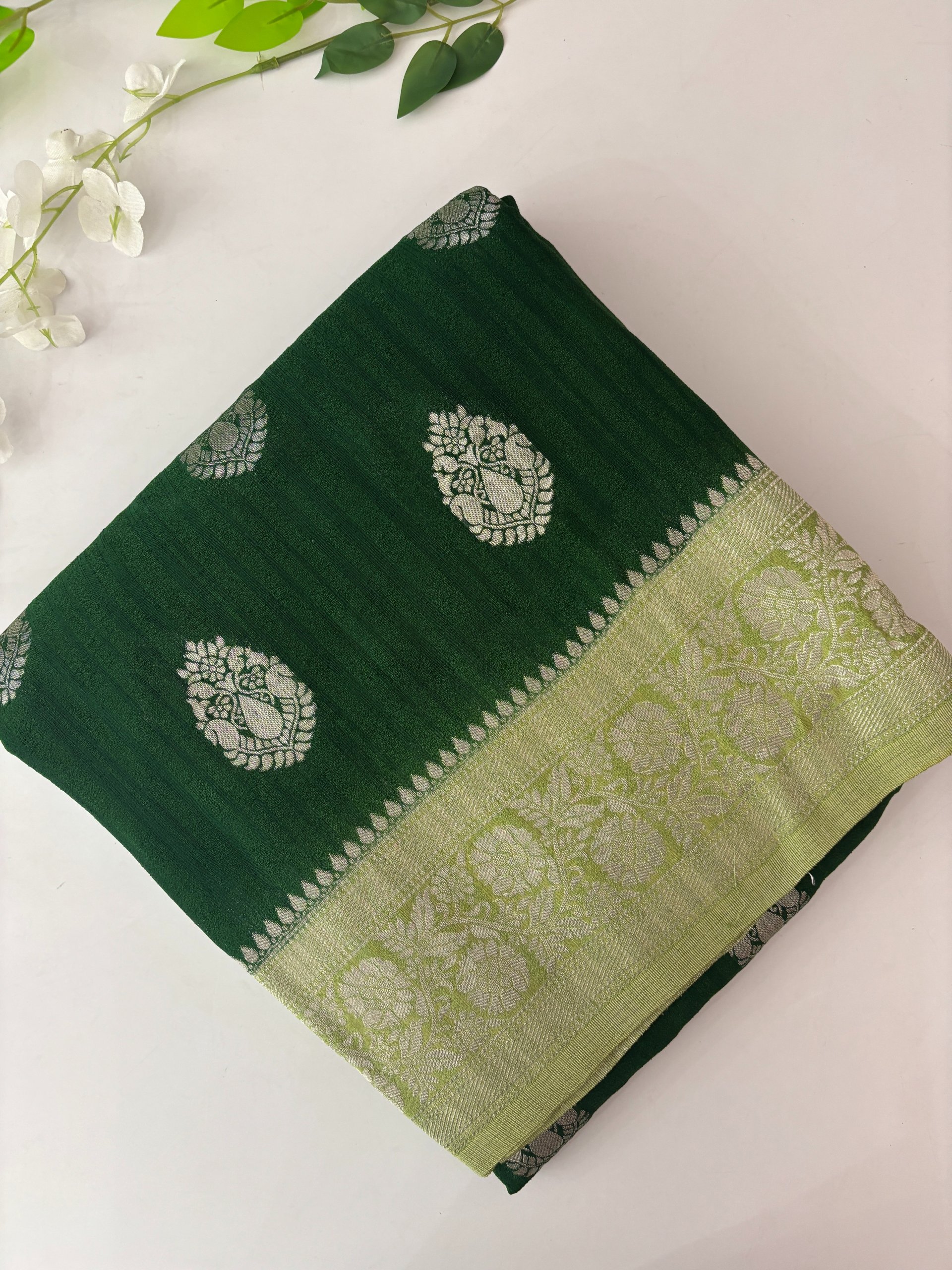 Green Banarasi Crush Georgette Sarees with Butta