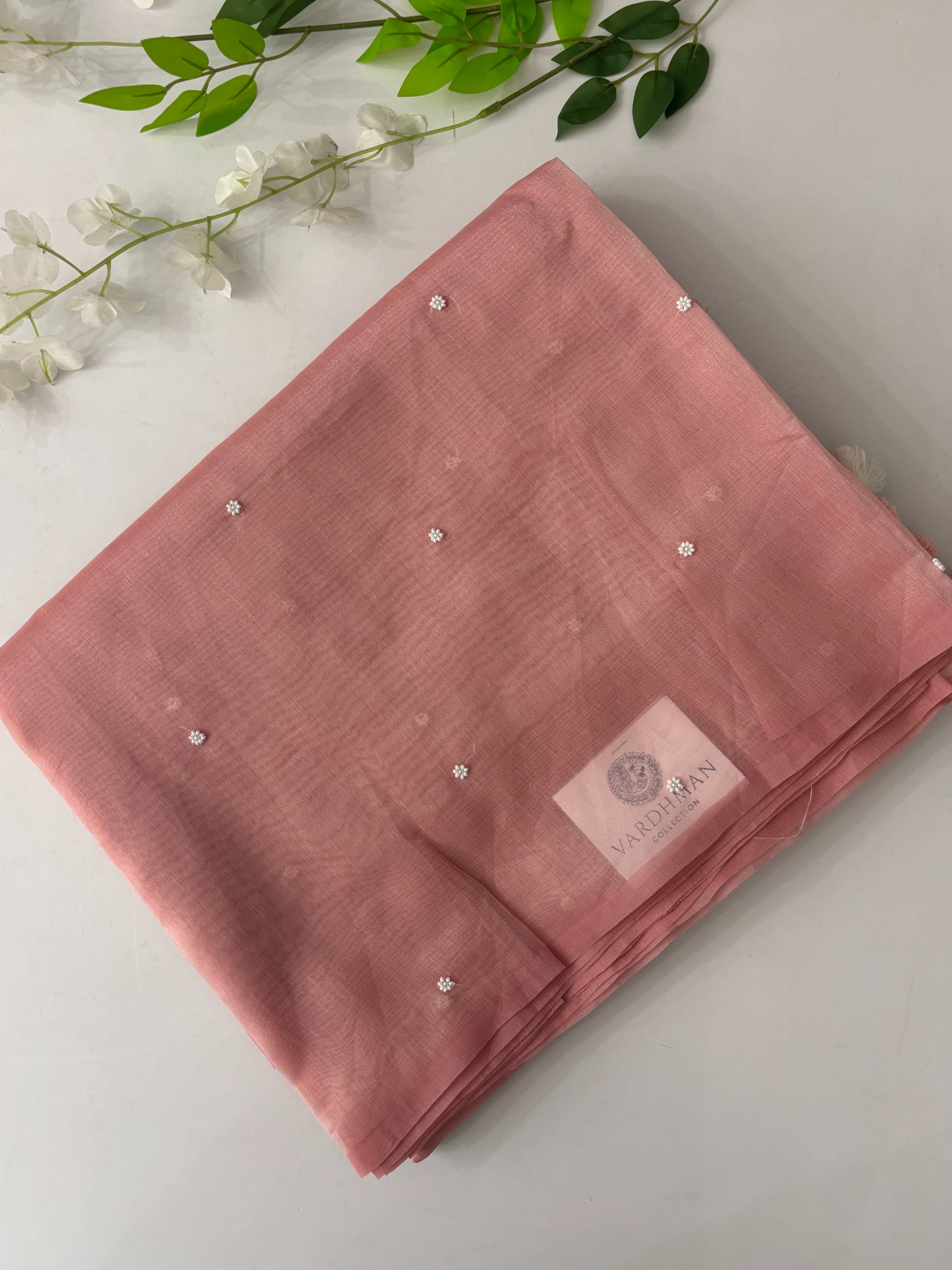 Light Pink Blue Cotton Tissue Saree with Hand Work