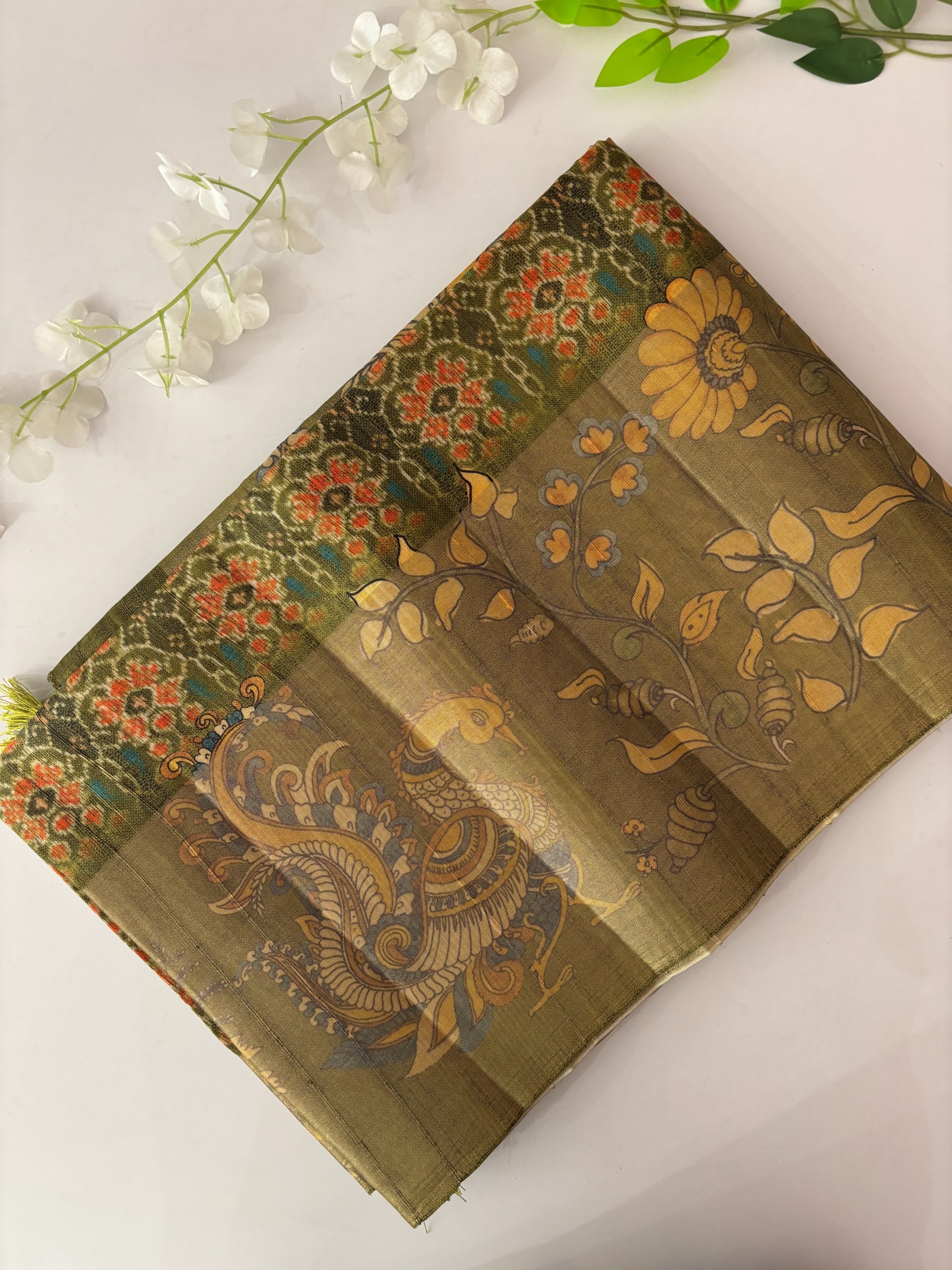 Mehendi Green Patola X Kalamkari Tussar Silk Saree