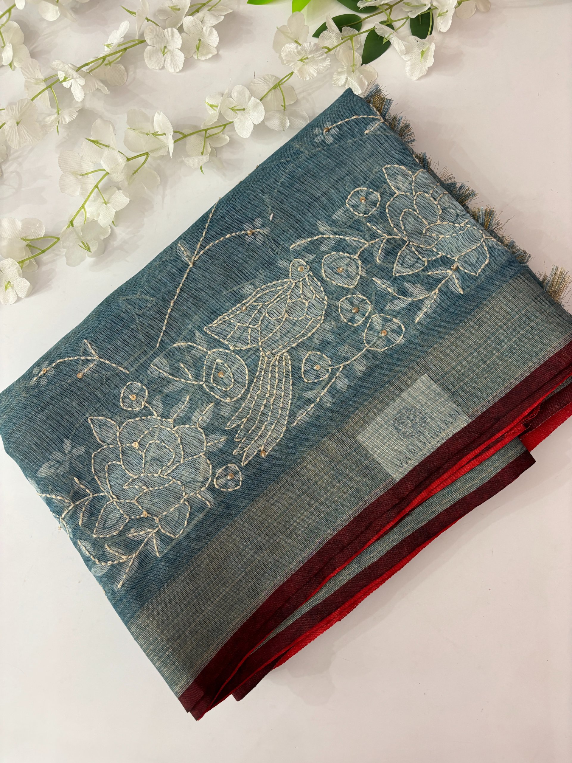 Blue Linen Tissue Saree with Kantha Work