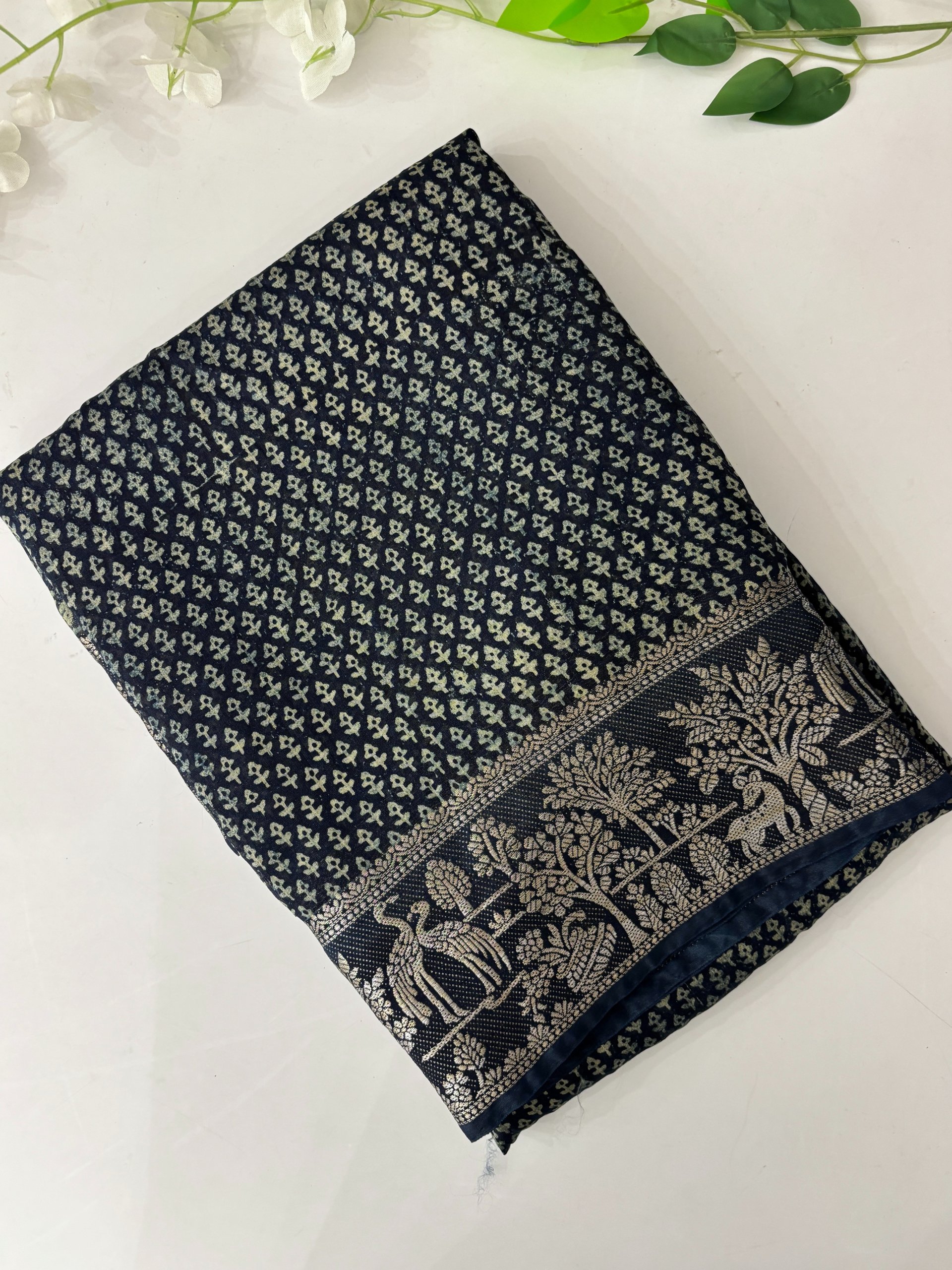 Semi Indigo Print Chanderi Cotton Saree