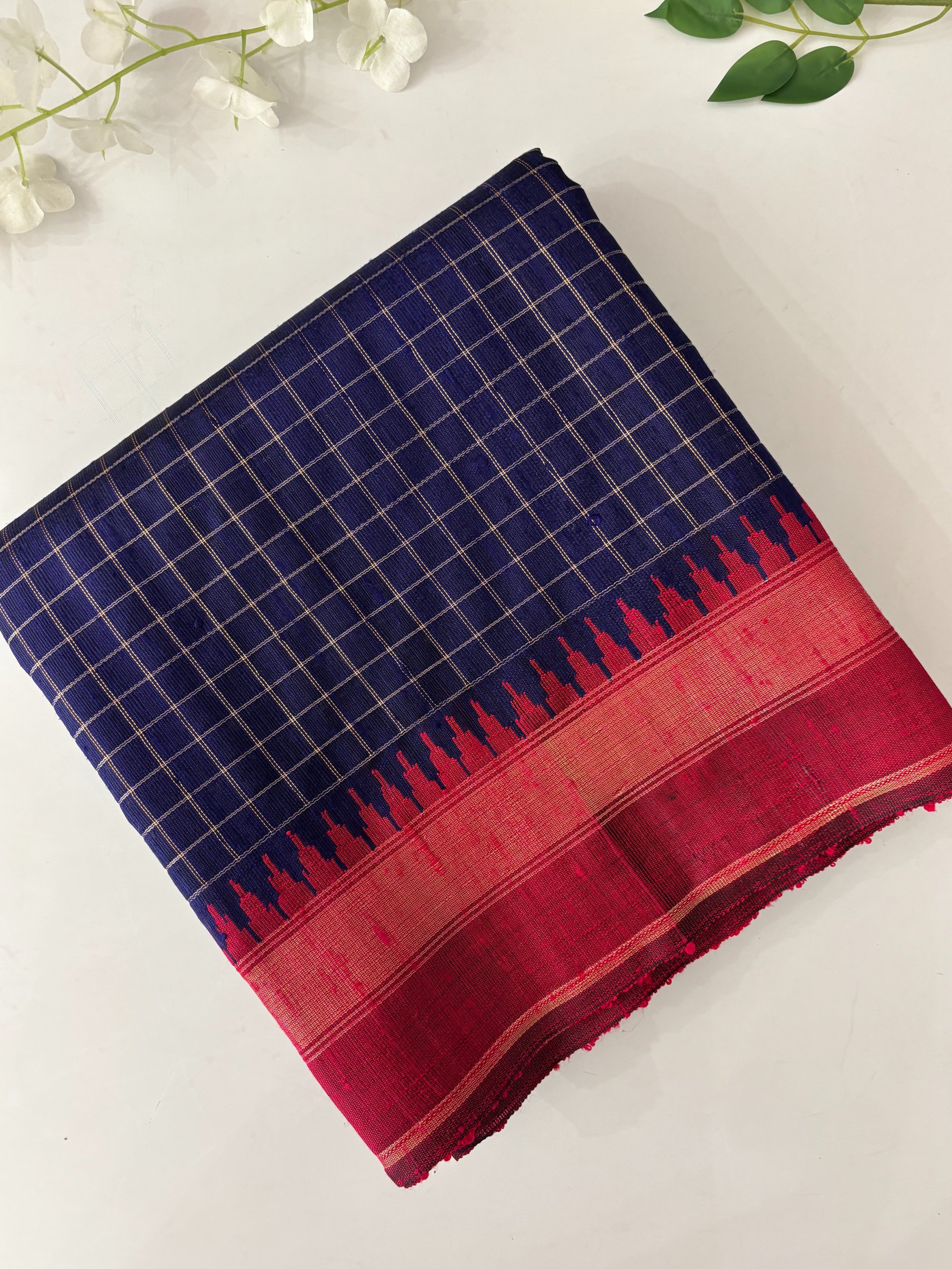 Navy Blue Checks Pure Handloom Raw Silk Saree