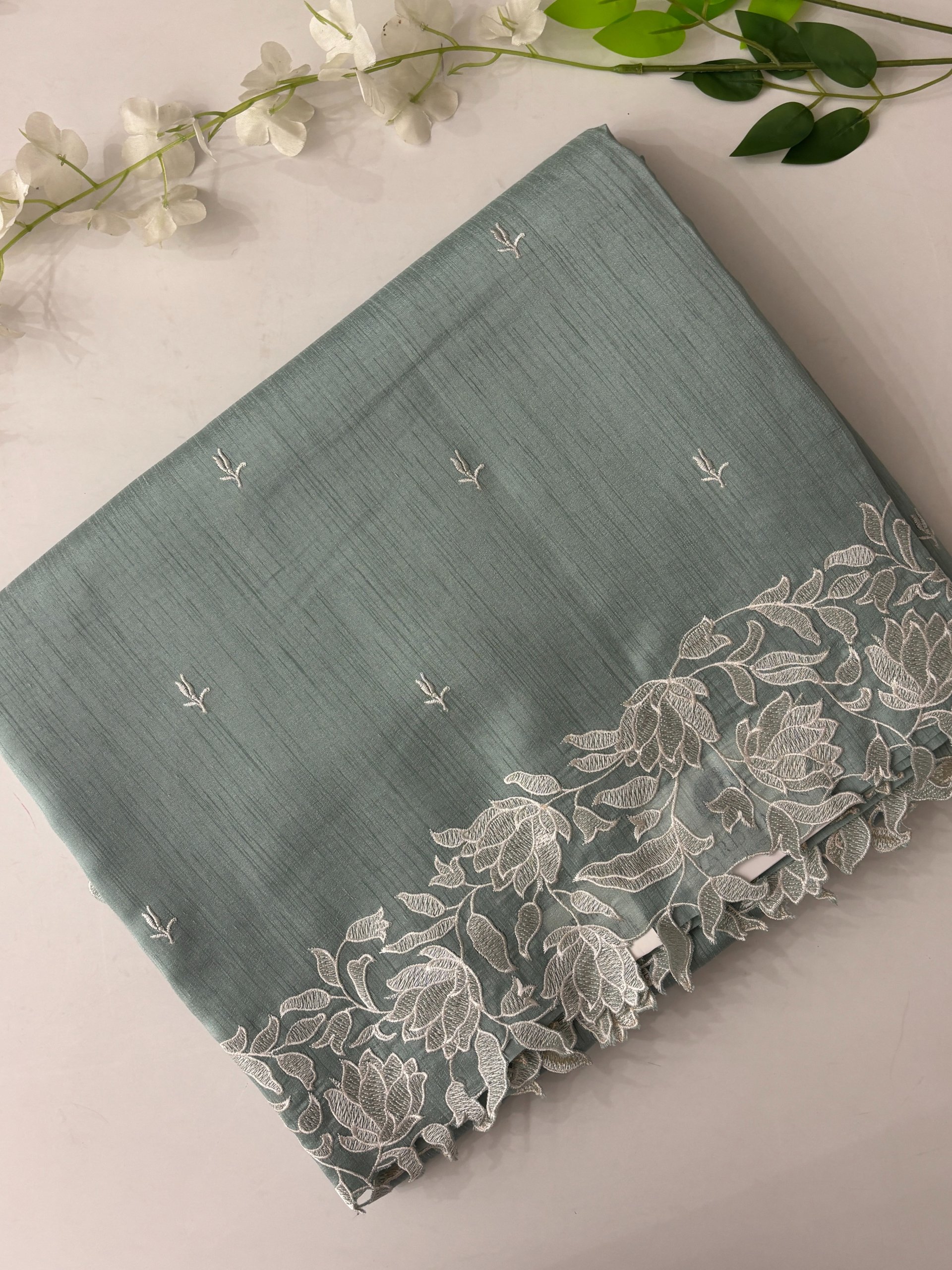 Blue Semi Raw Silk Saree with Scalping Border