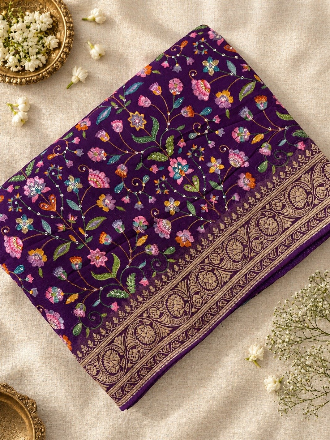 Purple Bandhani Georgette Saree with Work