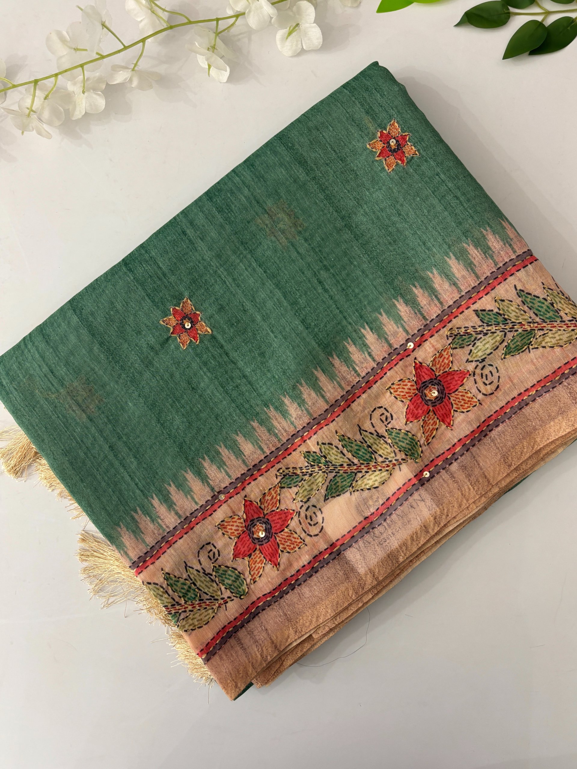 Green Madhubani Saree with Kantha Work