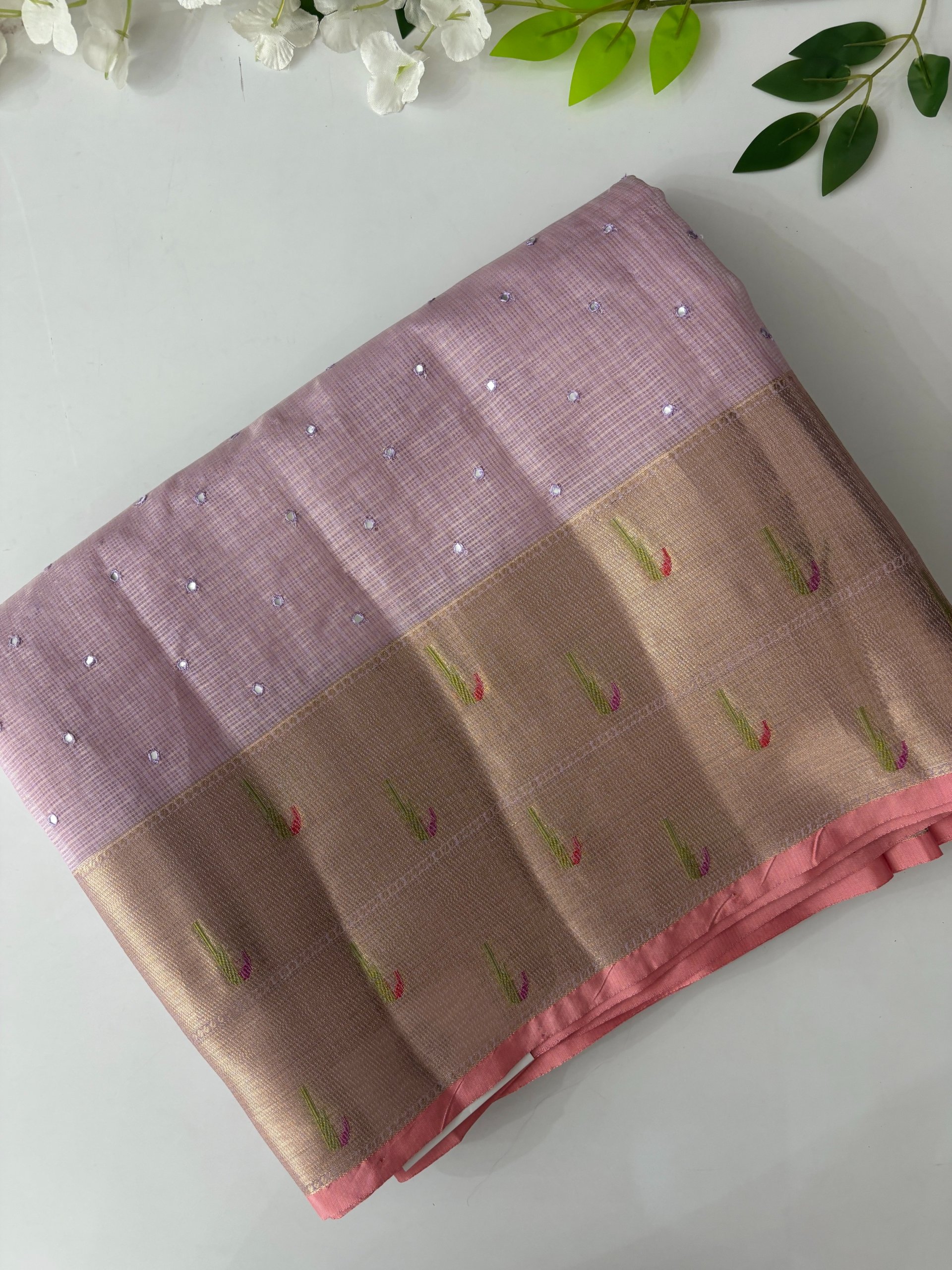 Lavender Muniya Border Kota Cotton Saree with Mirror Work