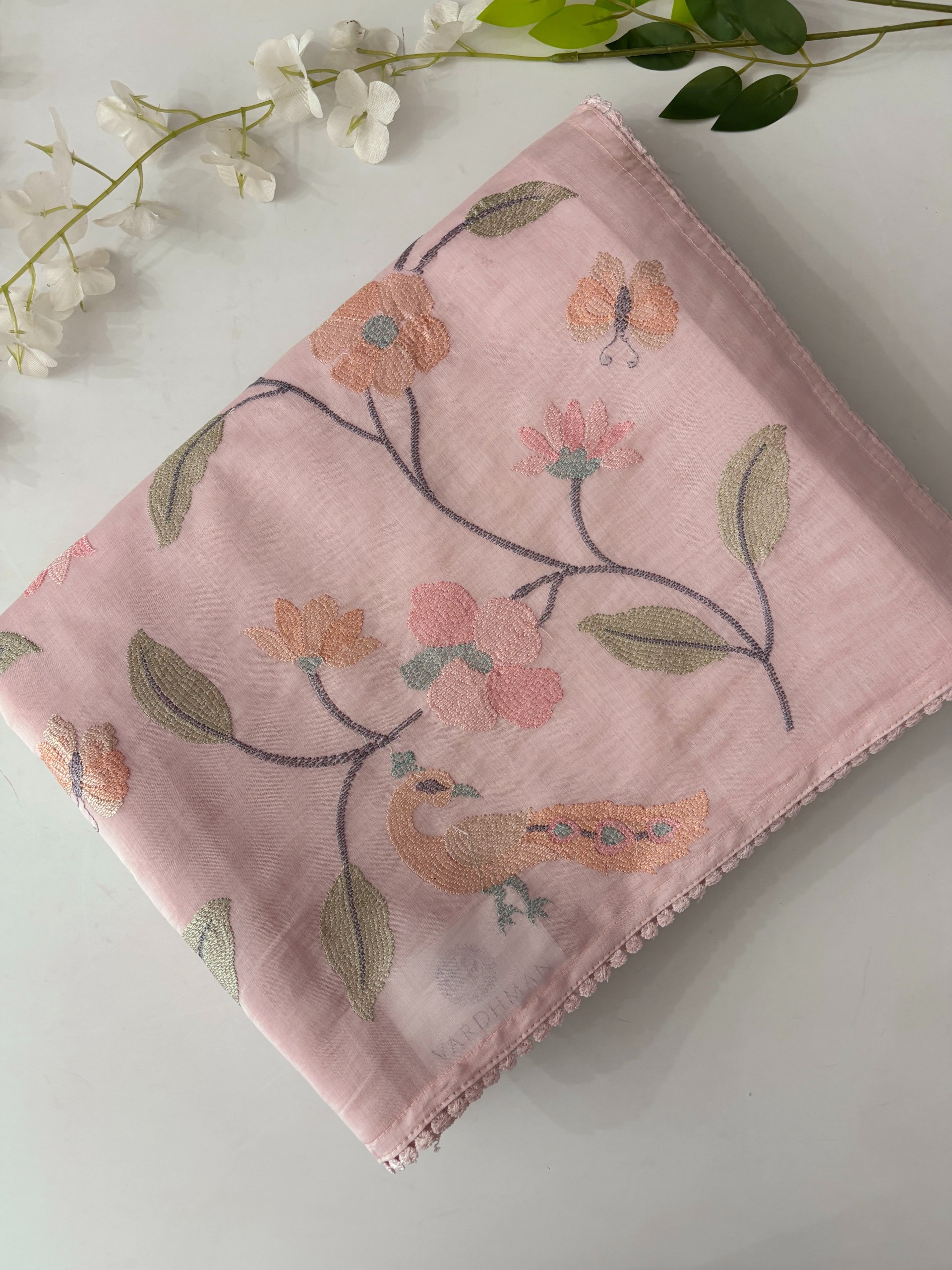 Light Pink Mul Chanderi Saree with Embroidery