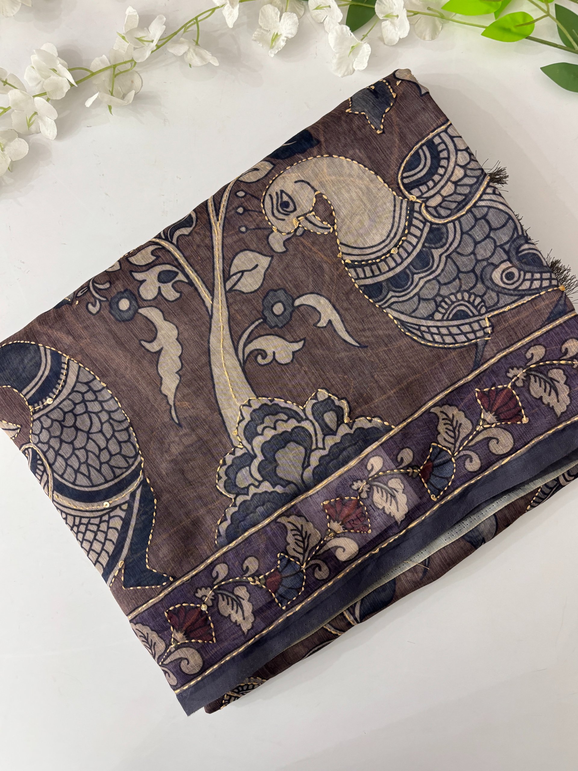Dusty Brown Kalamkari X Chanderi Cotton Saree with Kantha Work