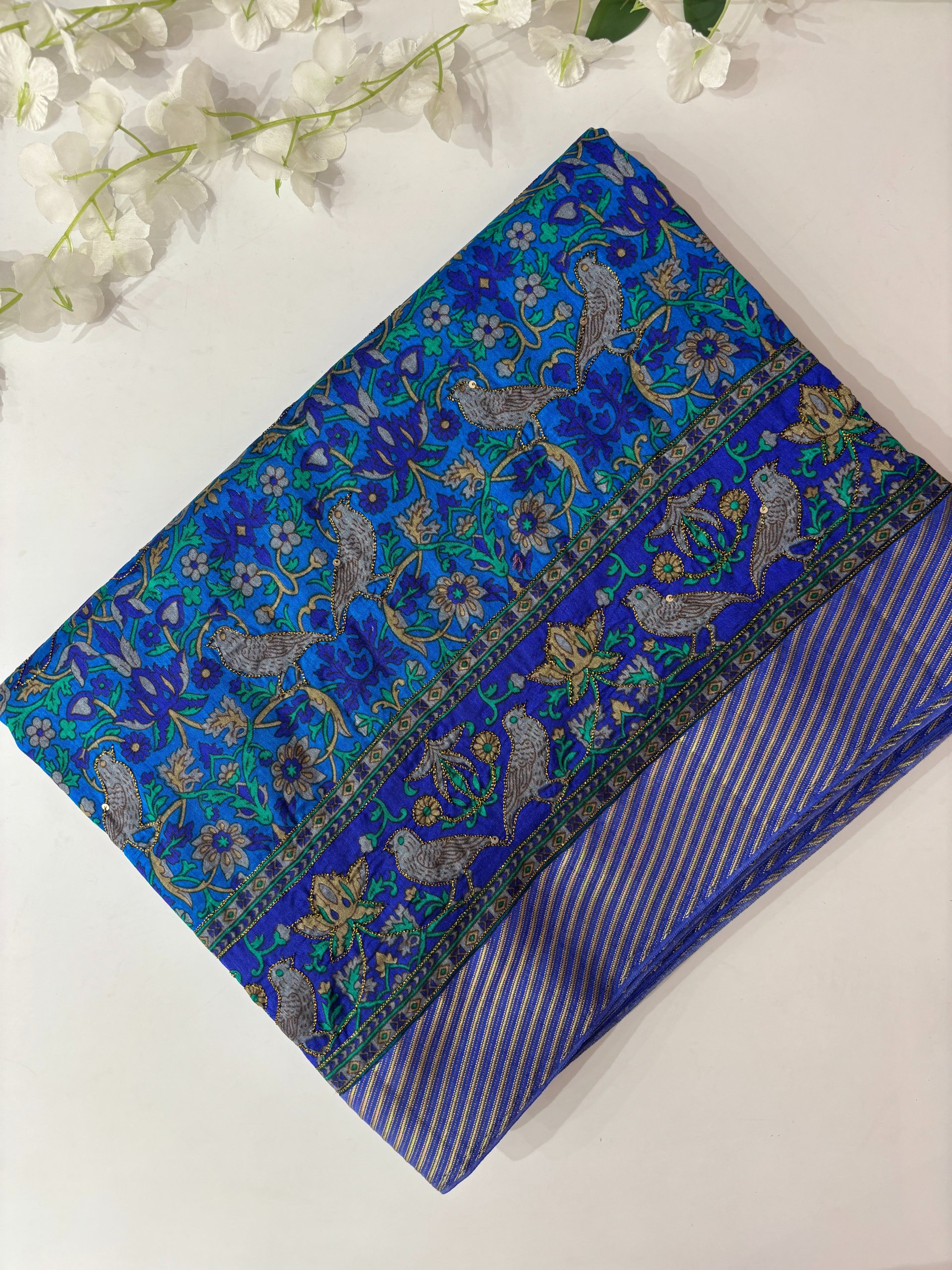 Blue Printed Tussar Silk Saree with Neem Zari Work