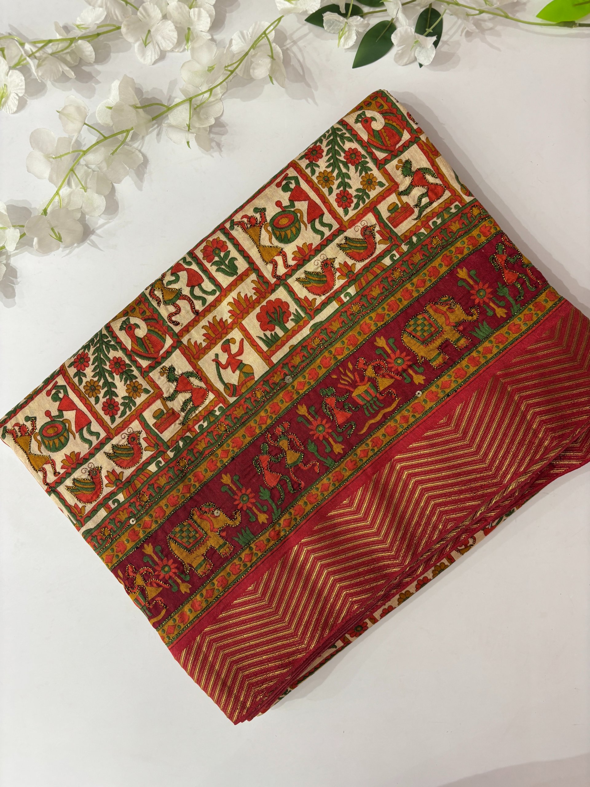 Cream Warli Print Tussar Silk Saree with Neem Zari Work