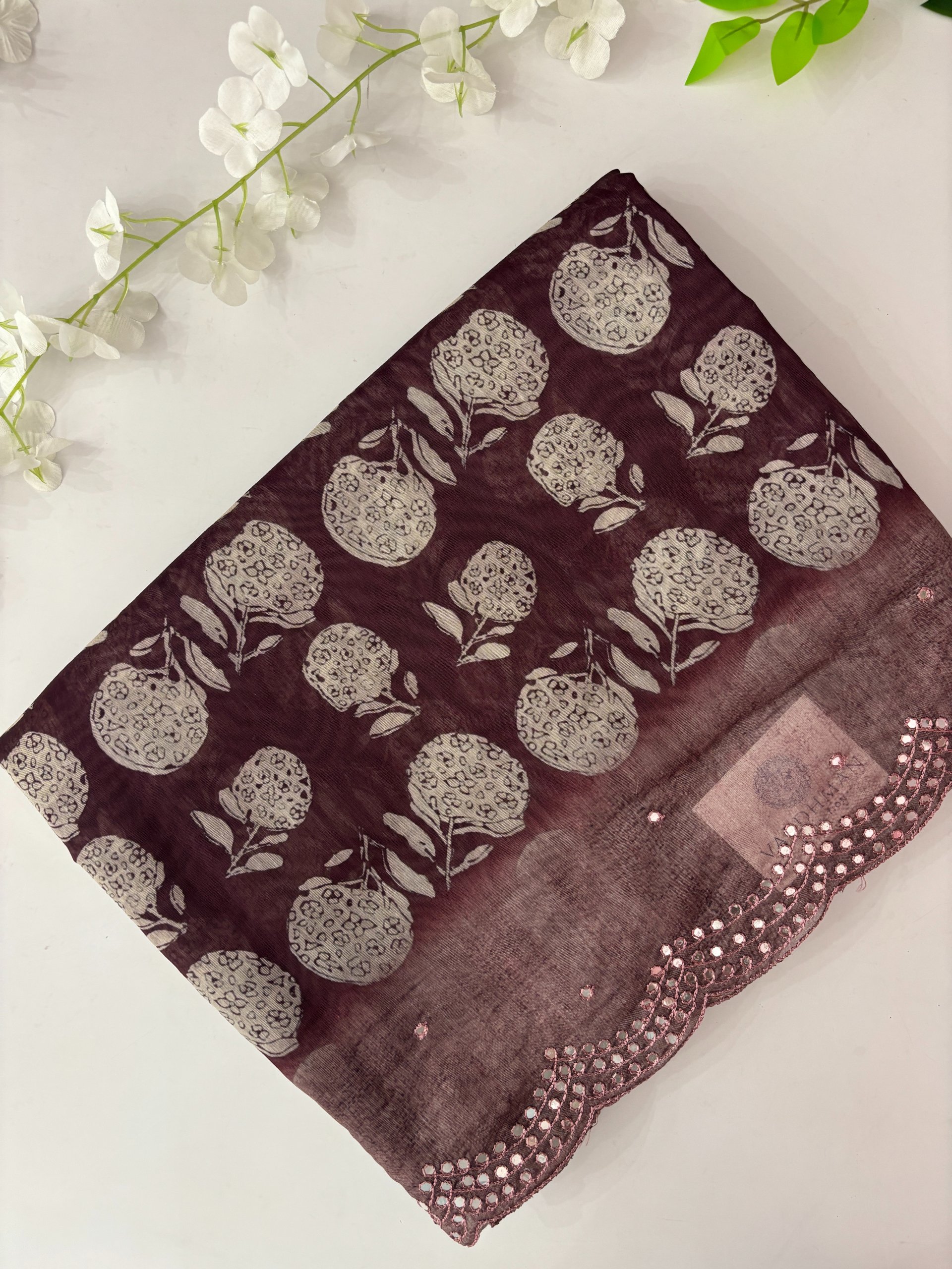Dusty Pink Scalping Border Digital Chanderi Cotton Saree with Mirror Work