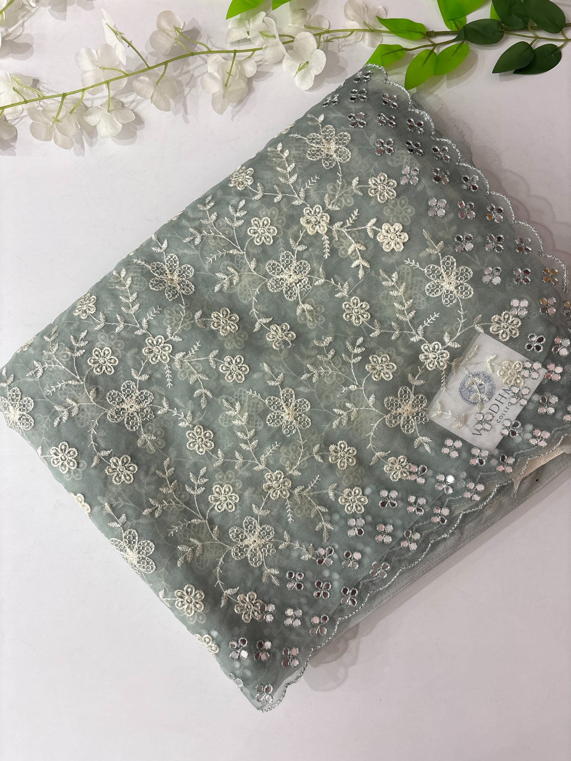 Grey Organza Saree with Embroidery & Mirror Work