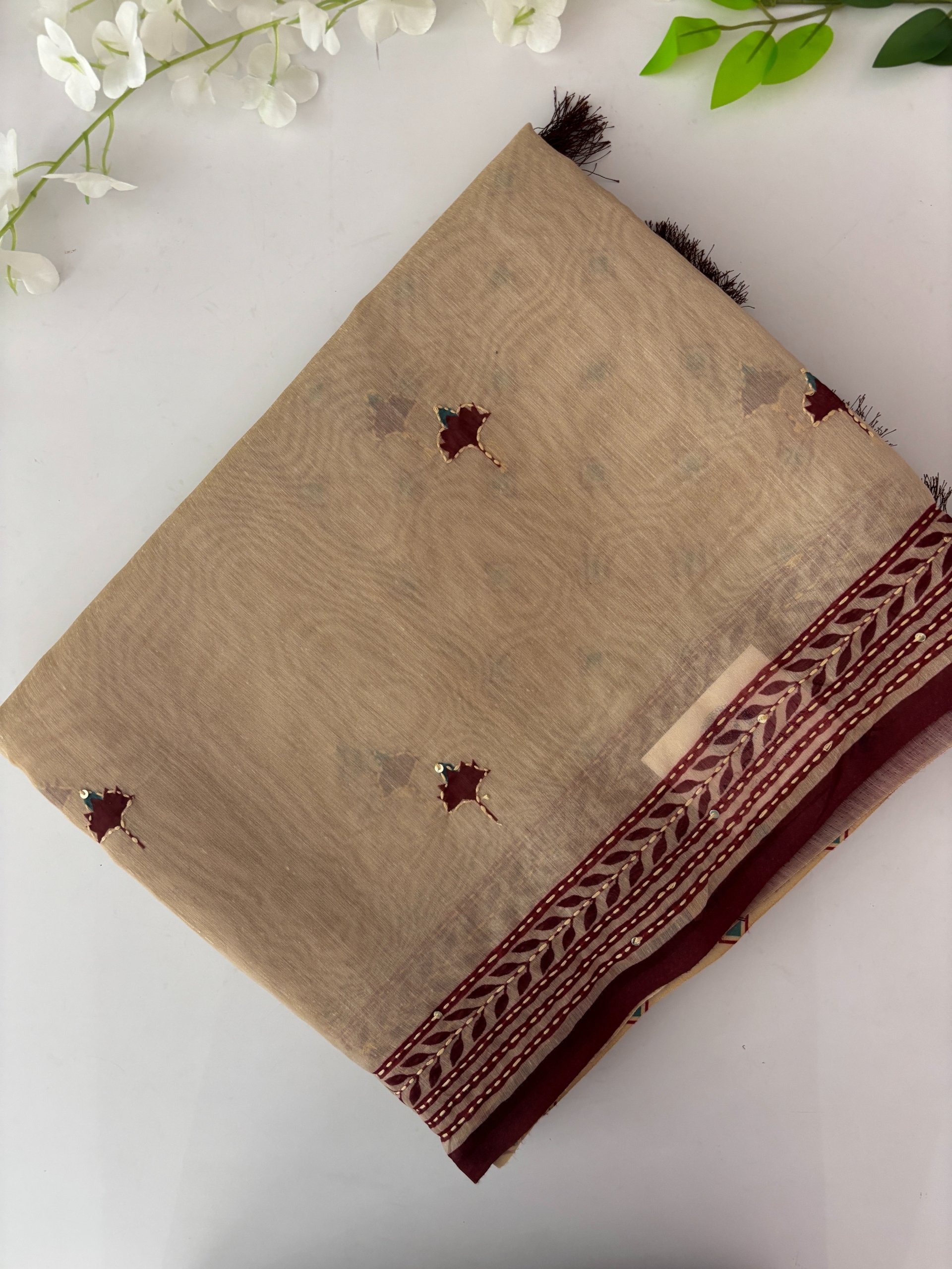 Beige and Brown Kantha Work Saree