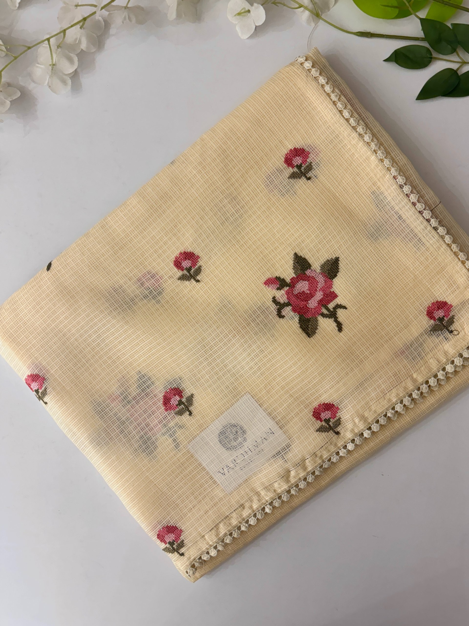 Light Yellow Supernet Saree with Cross Stitch Embroidery