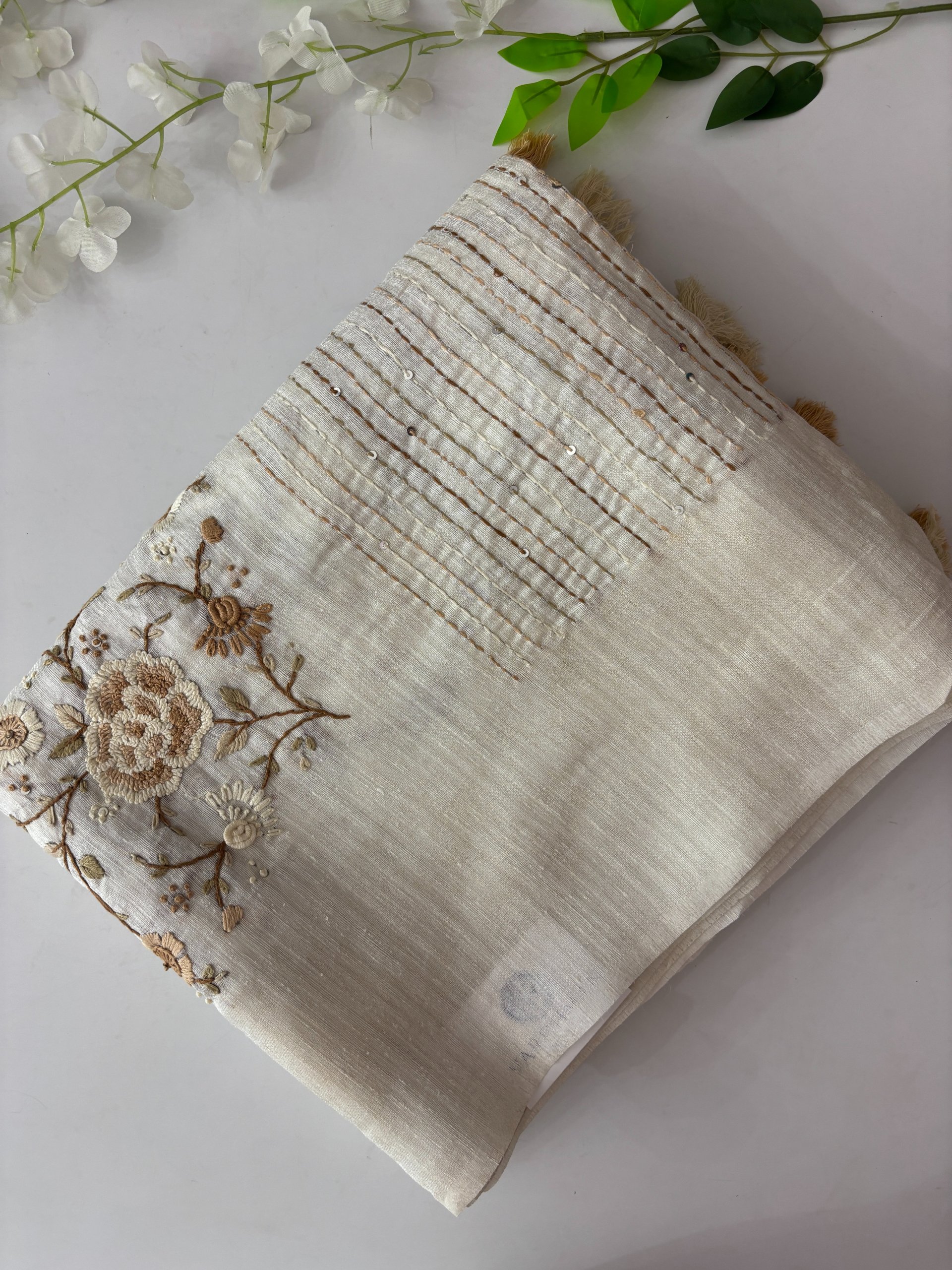 Off White Jute Cotton Saree with Knot Work 