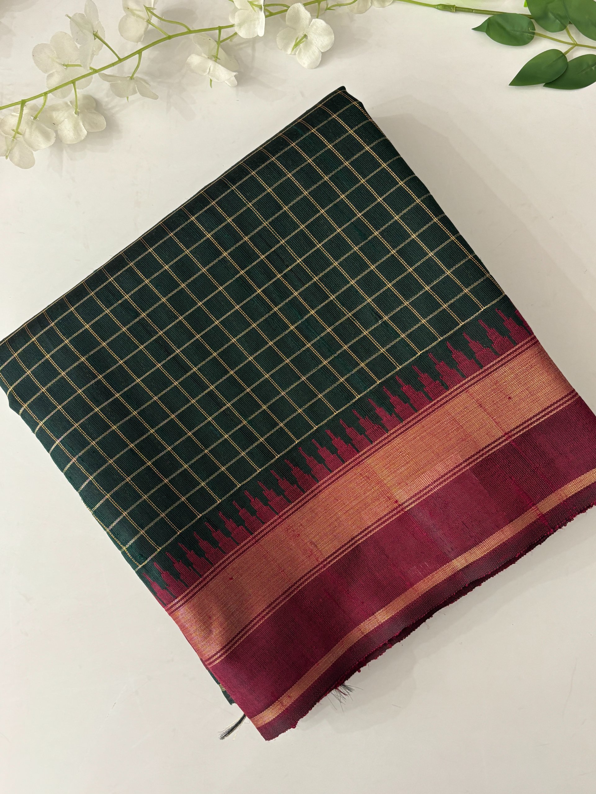 Bottle Green Checks Pure Handloom Raw Silk Saree
