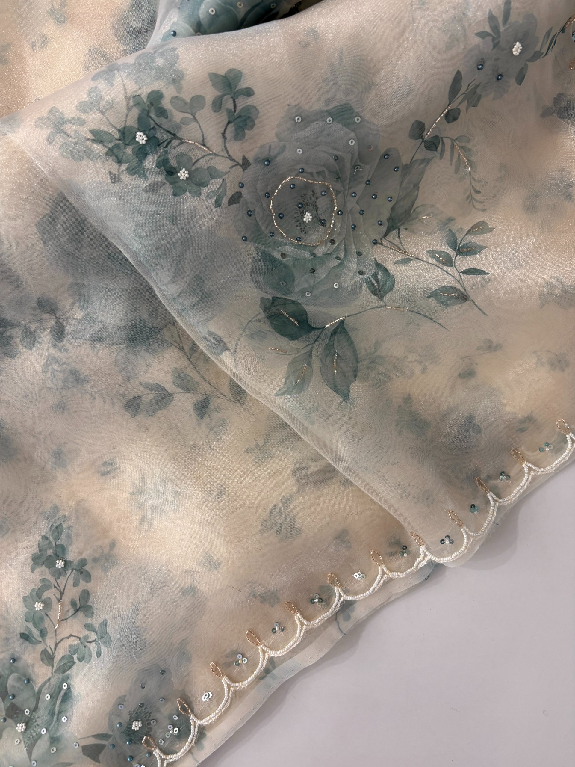 Blue - White Floral Tissue Organza Saree with Handwork