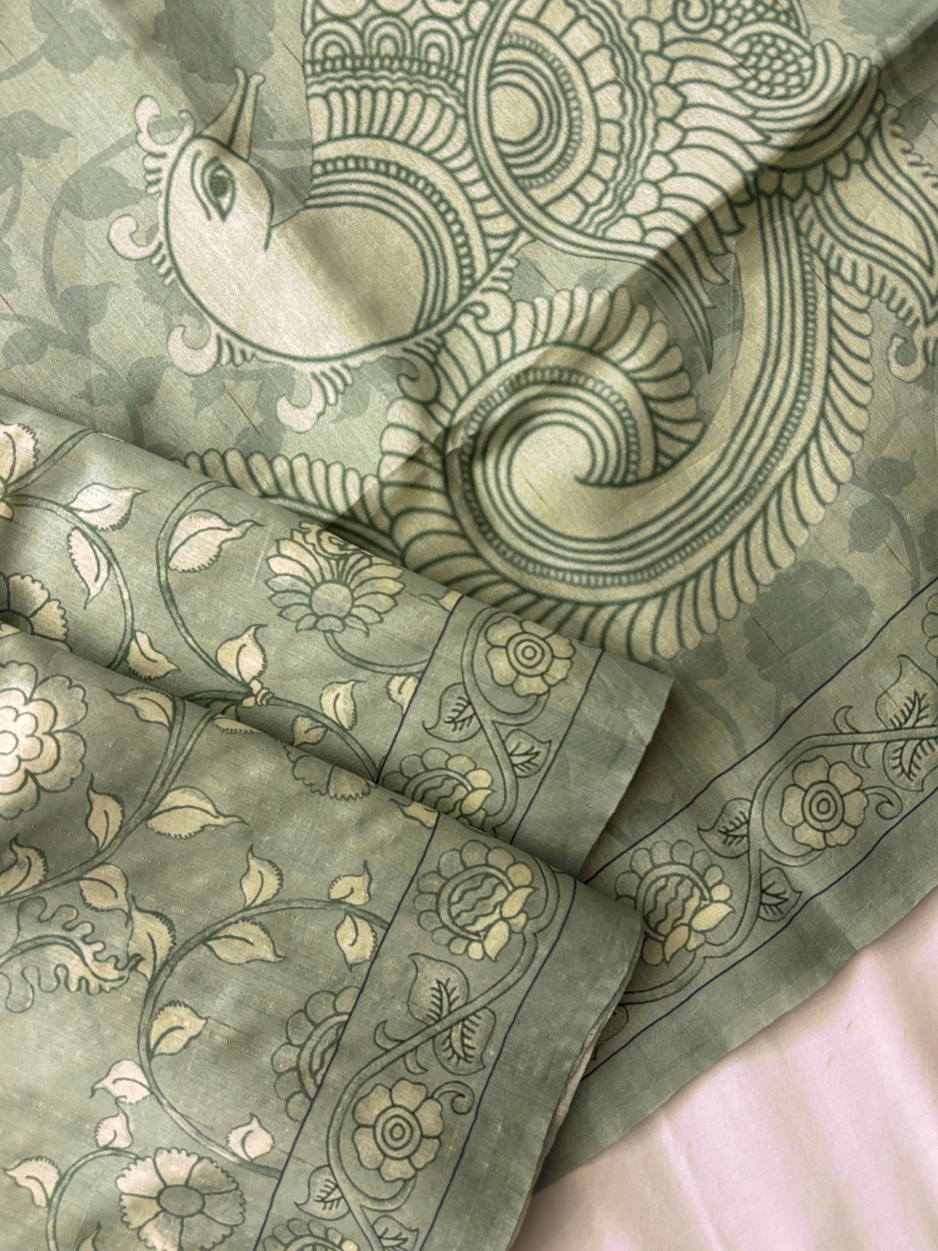 Dusty Green Kalamkari Printed Tussar Silk Saree