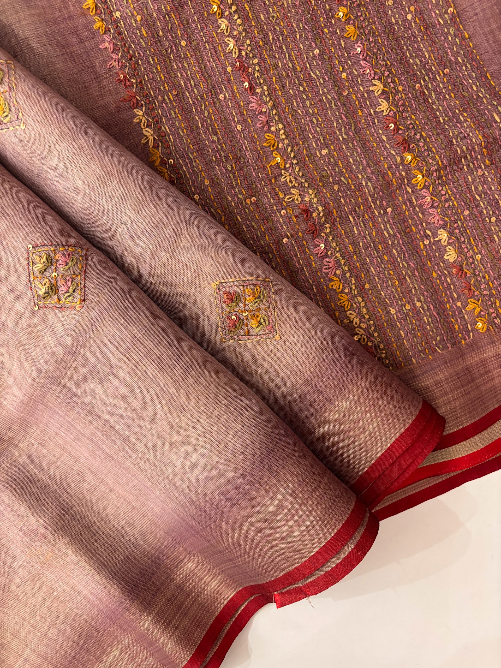 Onion Pink Linen Tissue Saree with Knot Work