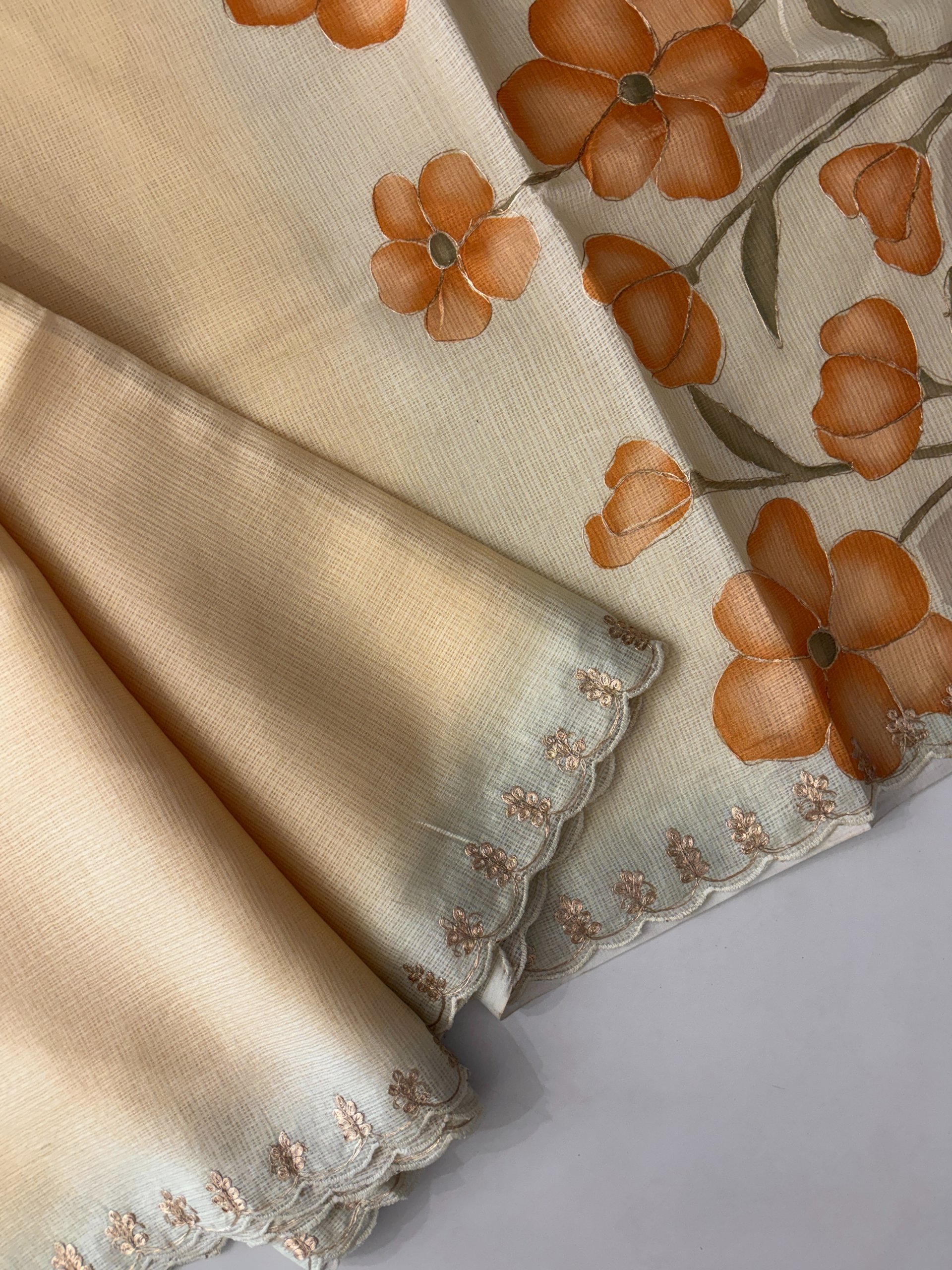 Light Yellow Supernet Saree with Aari Work