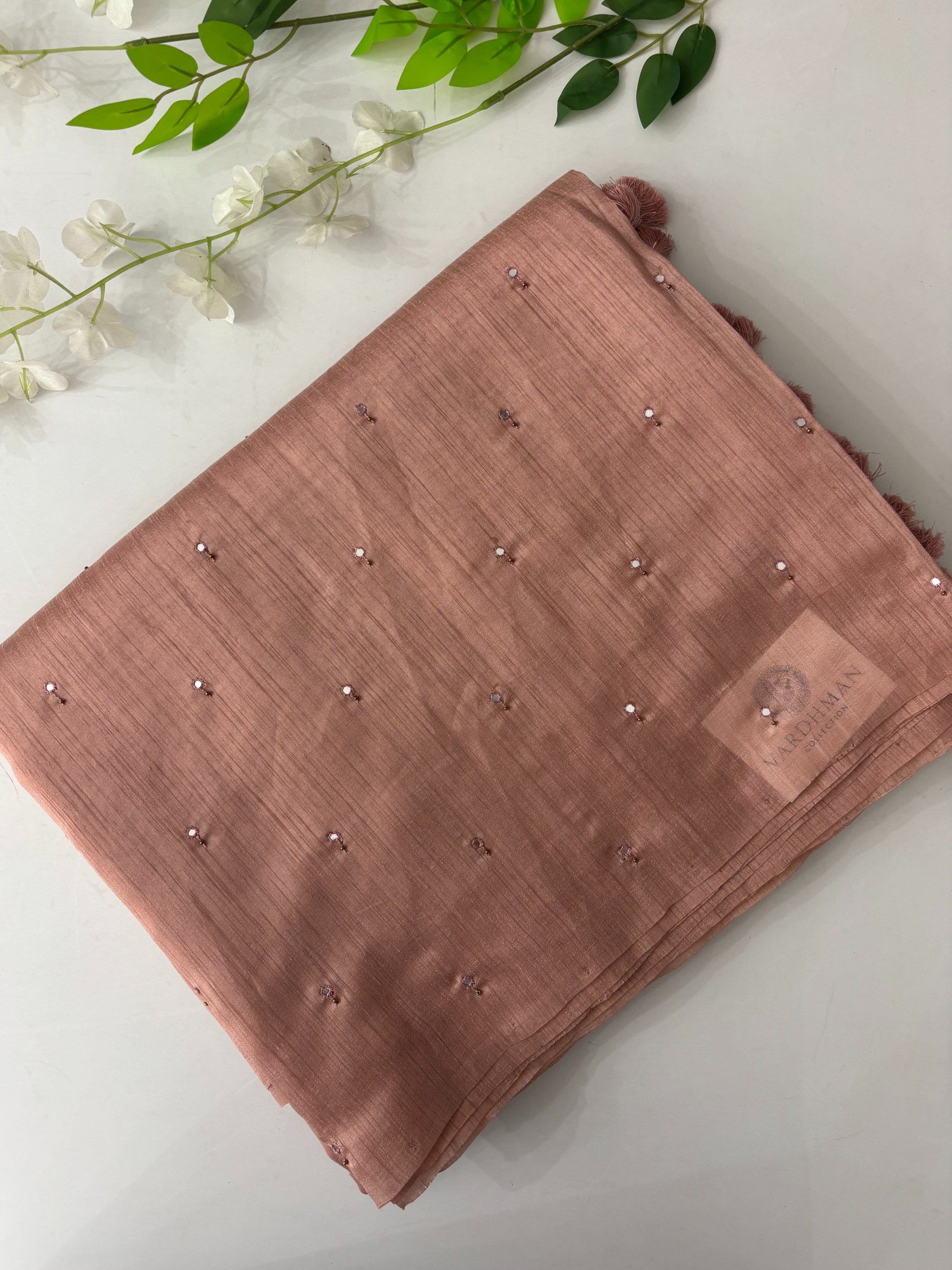 Light Peach Raw Silk Saree with Mirror Work