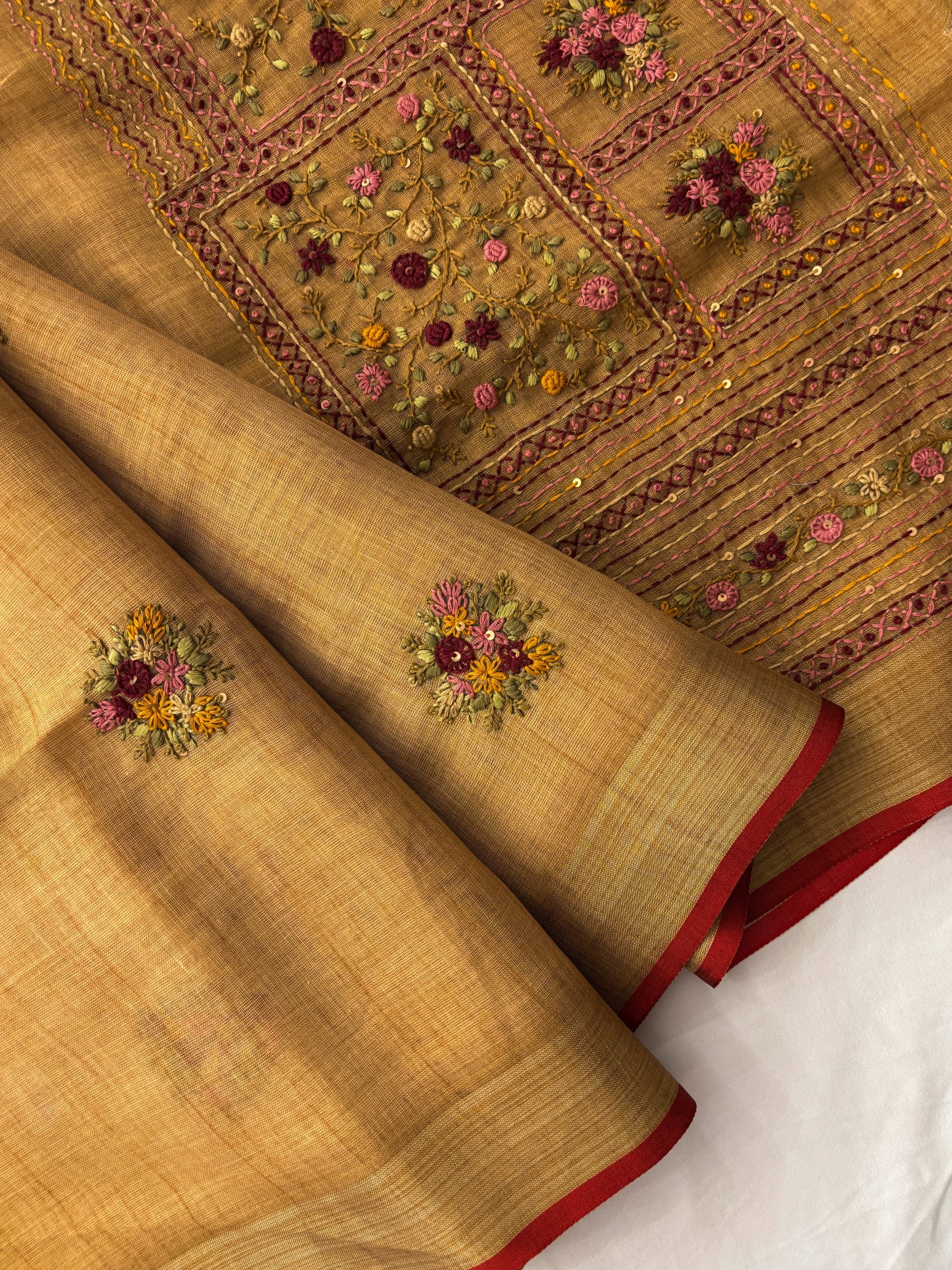 Mustard Linen Tissue Saree with Knot Work