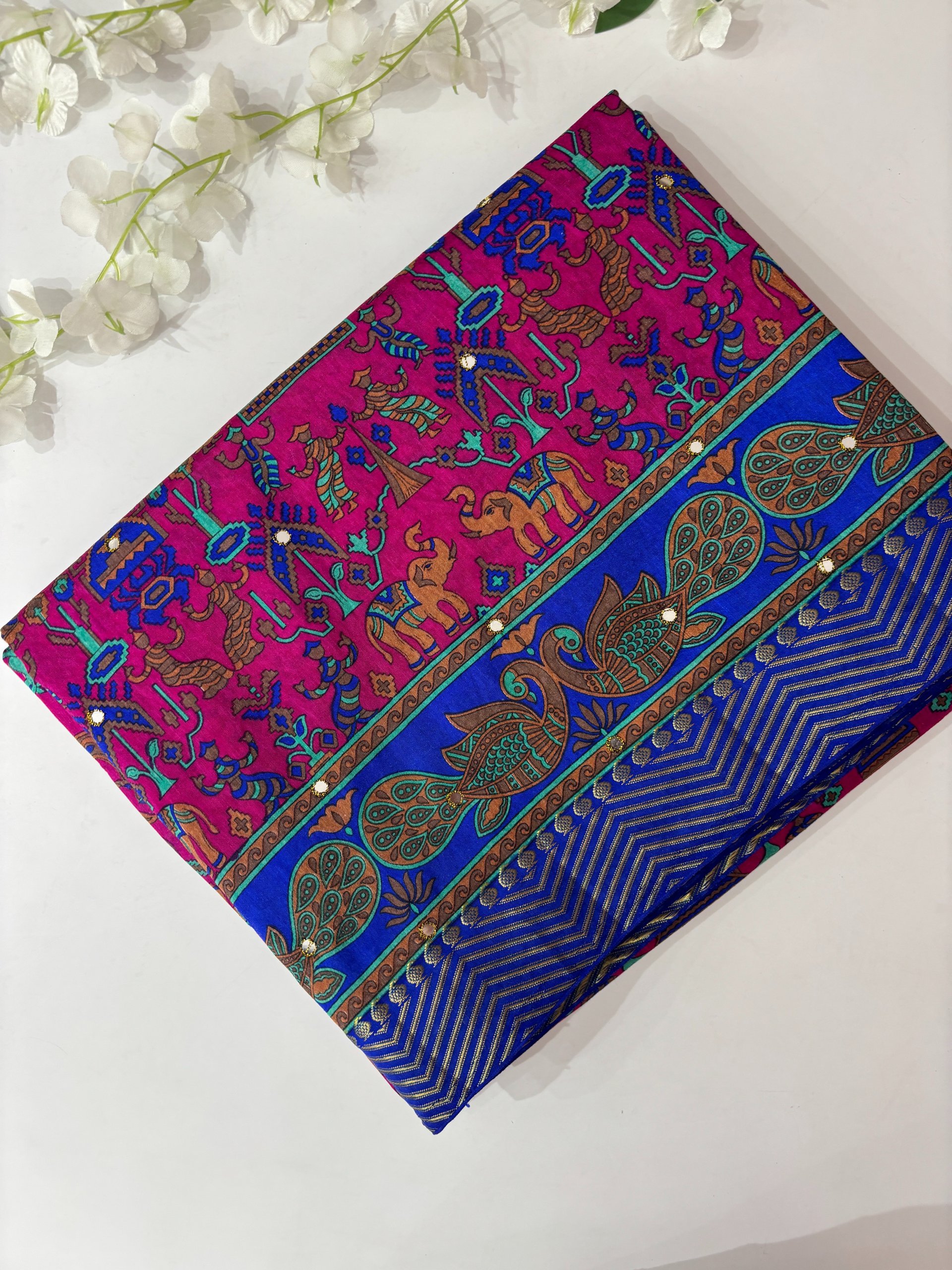Pink Printed Tussar Silk Saree with Mirror Work