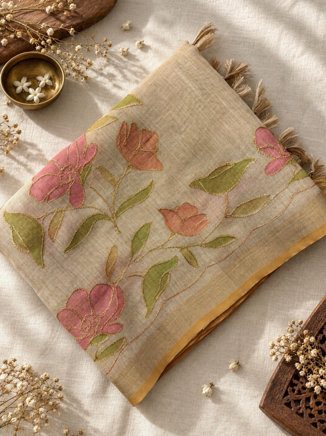 Cream Tissue Linen Sarees with Zari Embroidery