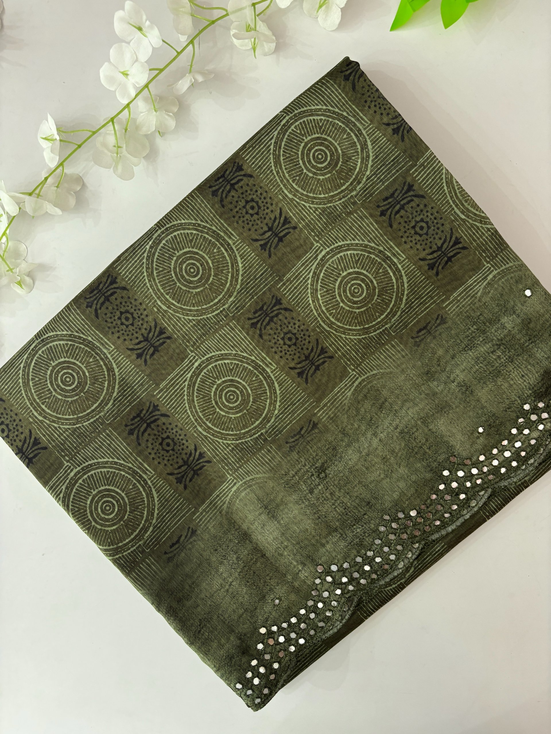 Green Scalping Border Digital Chanderi Cotton Saree with Mirror Work