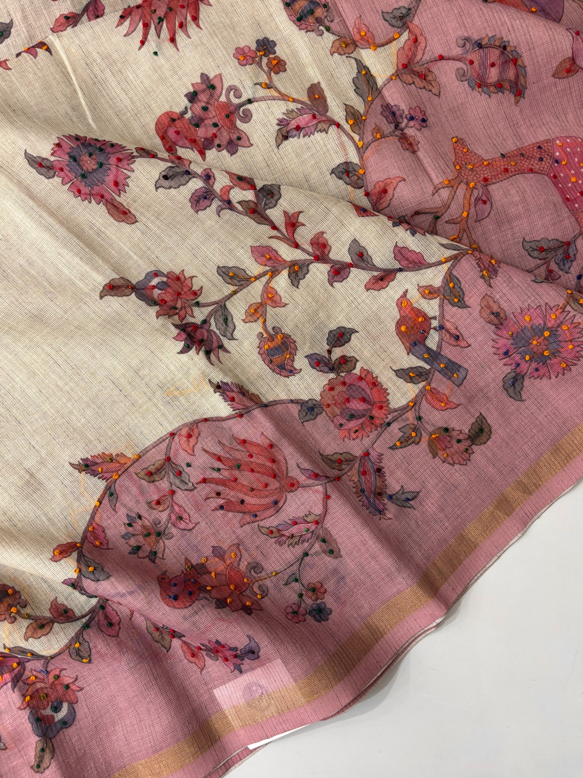 Off White and Pink Tissue Linen Knot Work Saree