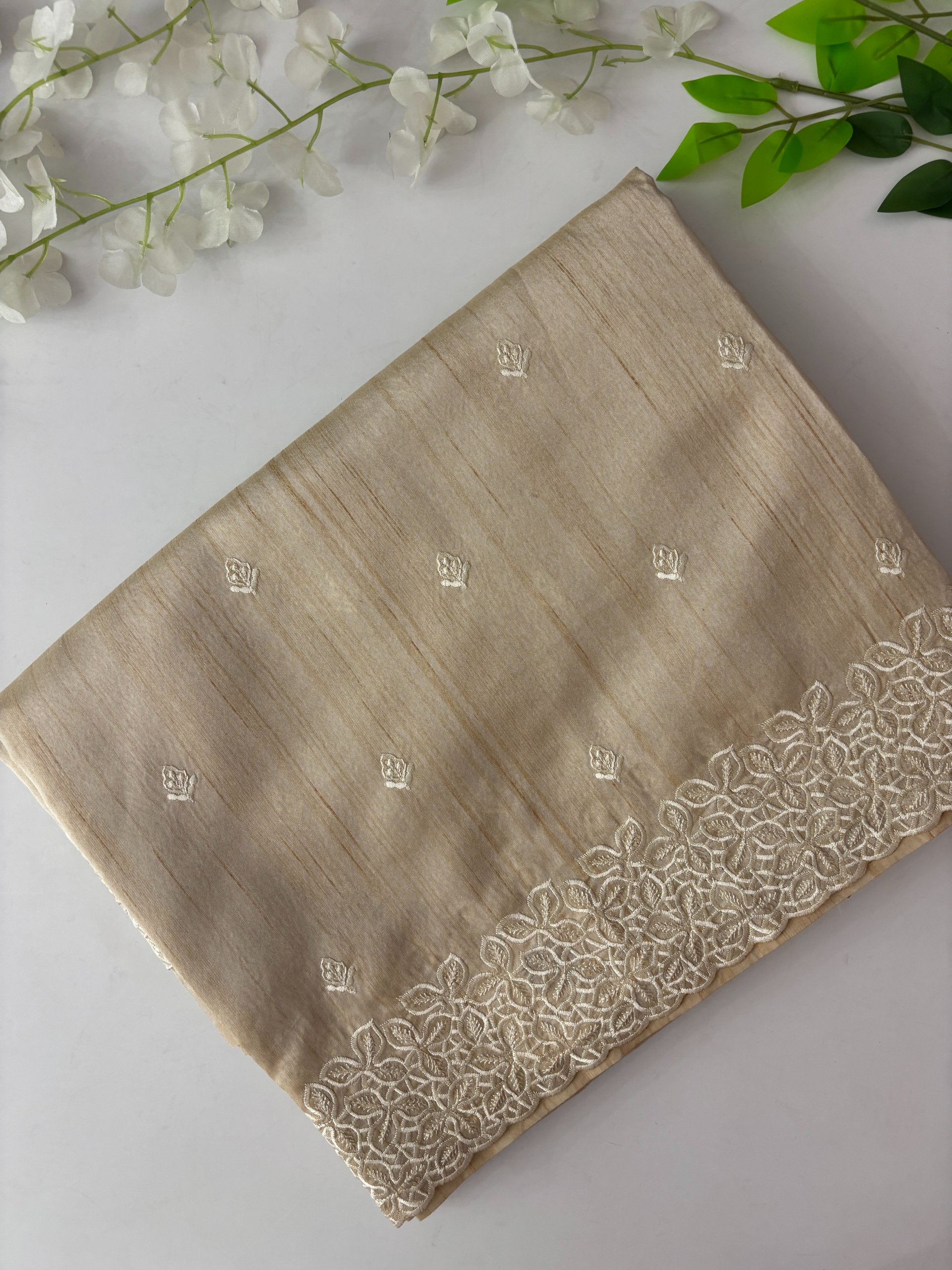 Beige Semi Tussar Silk Saree with Embroidery 
