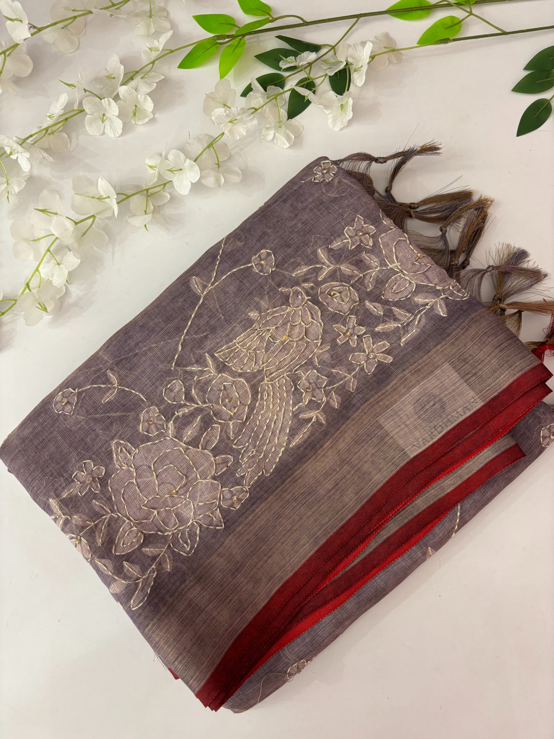 Lavender Linen Tissue Saree with Kantha Work