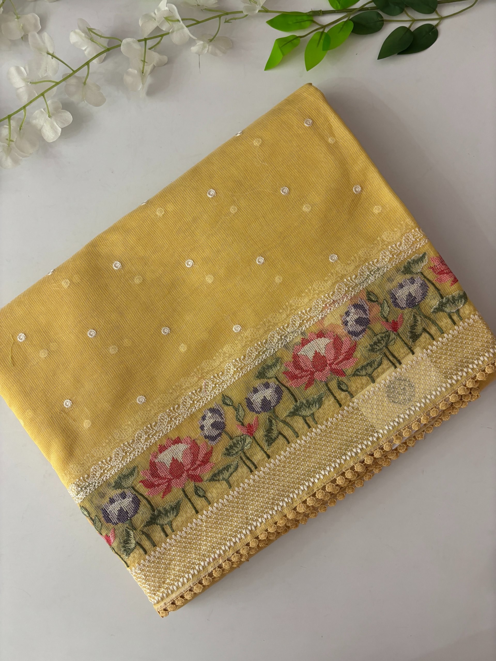 Yellow Supernet Saree with Embroidery