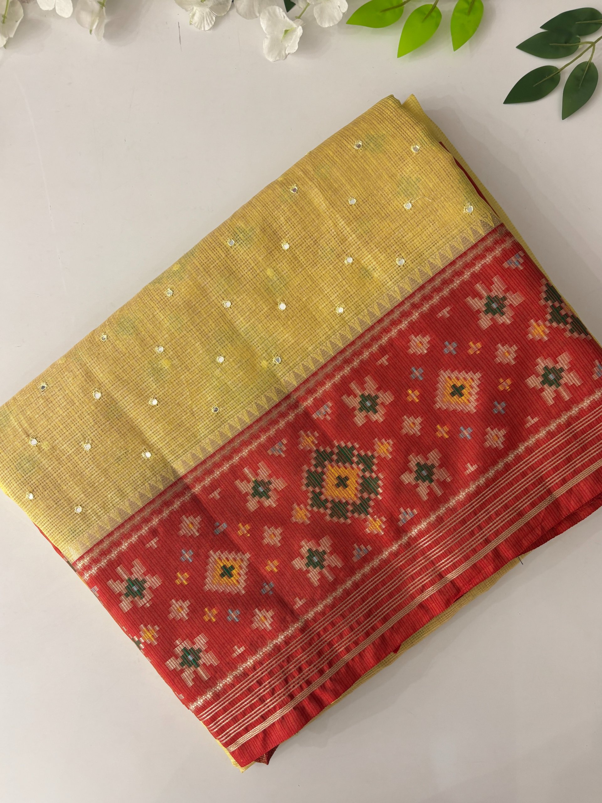 Yellow Kota Cotton Saree with Mirror Work