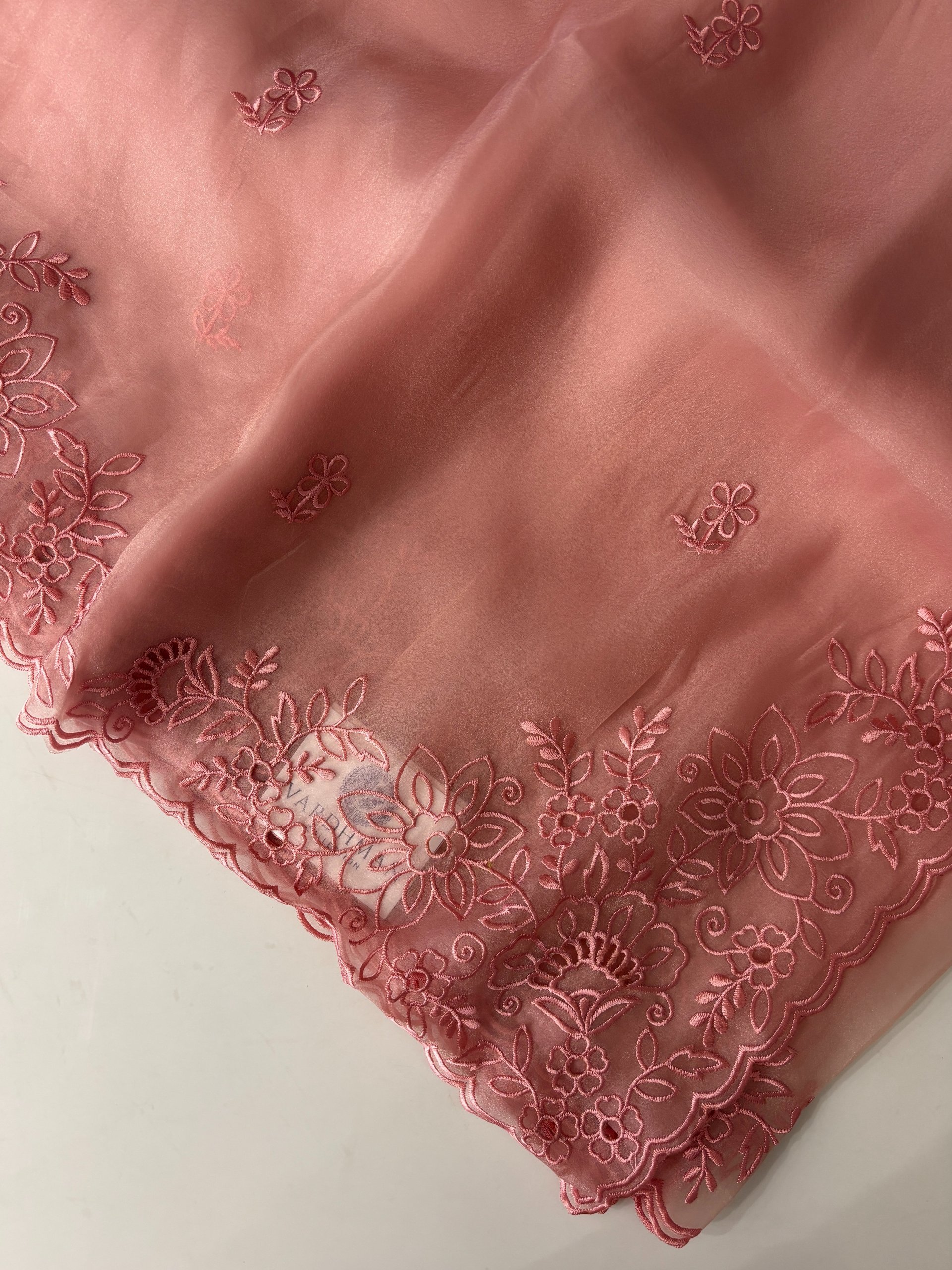 Light Peach Soft Organza Saree with Cutwork and Scalloping Border