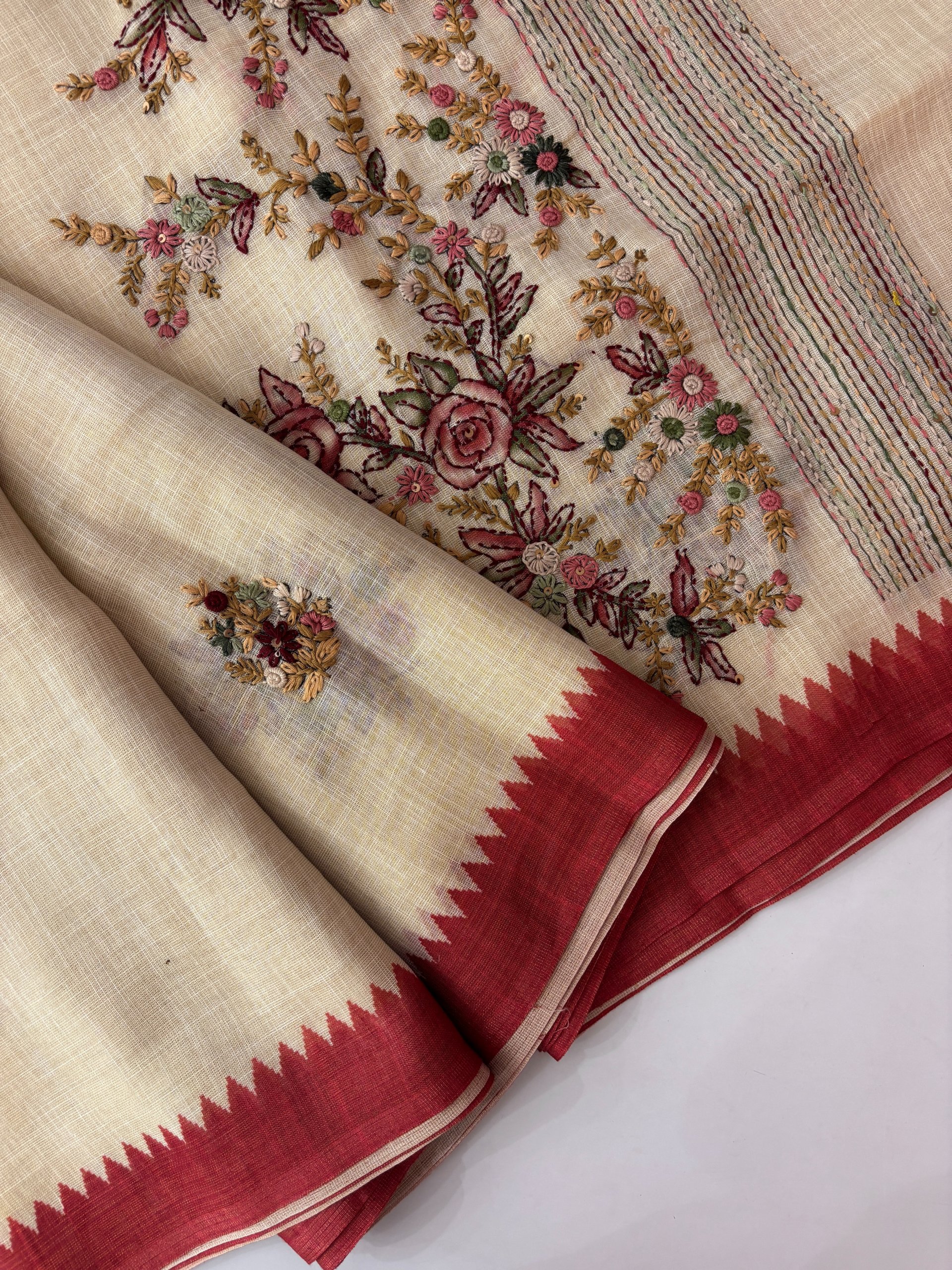 Cream and Red Tissue Linen Saree with Knot Work 