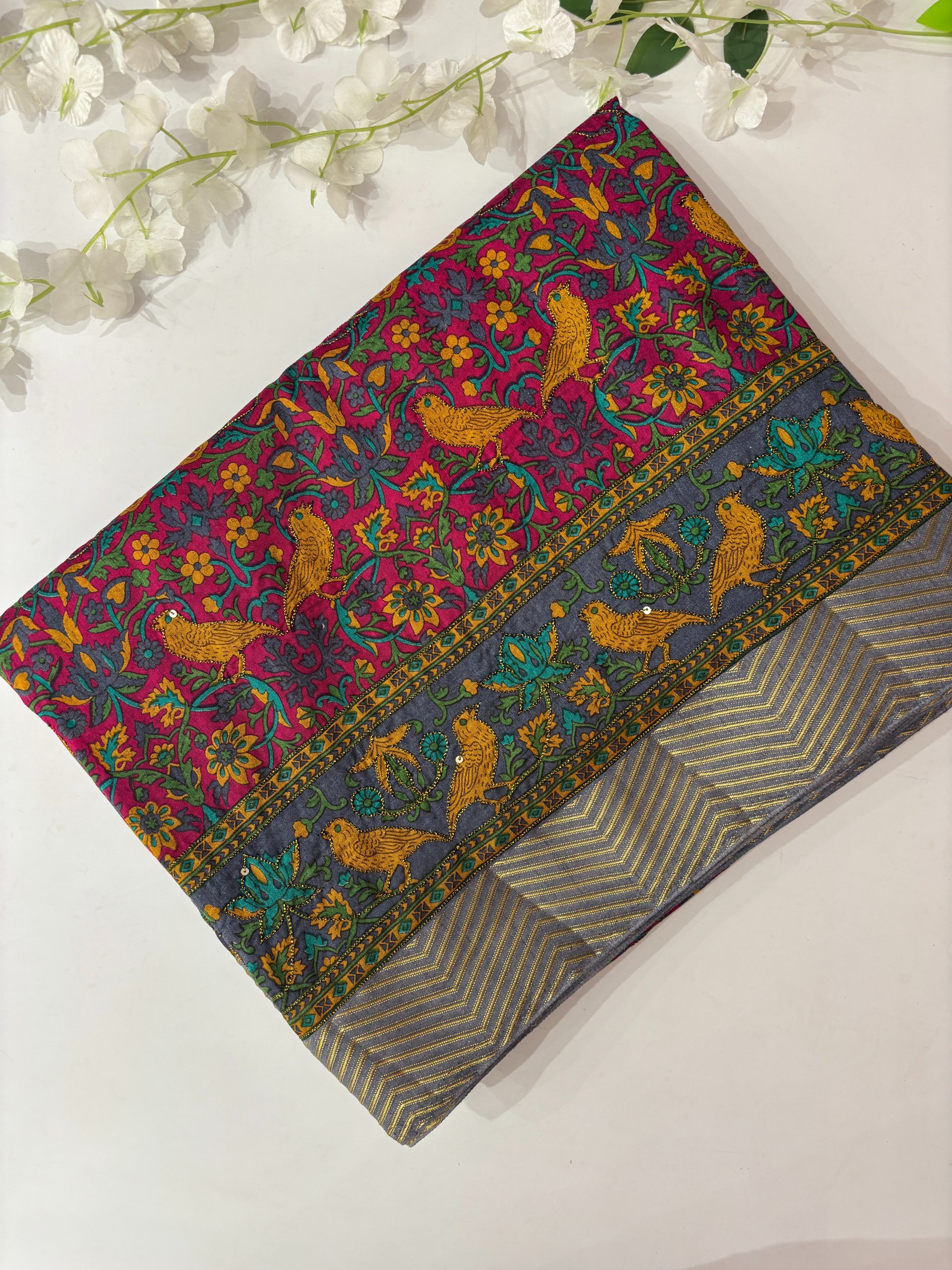 Pink Printed Tussar Silk Saree with Neem Zari Work