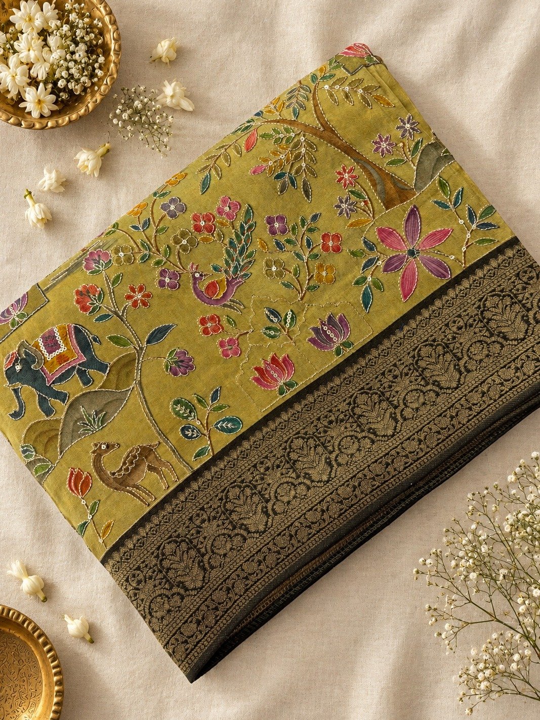Mehendi Green Semi Pashmina Style Tissue Silk Saree with Work