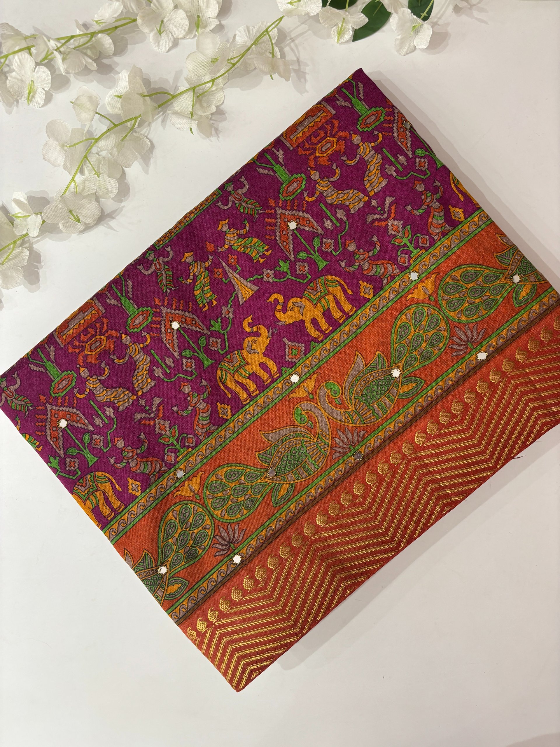 Wine Printed Tussar Silk Saree with Mirror Work