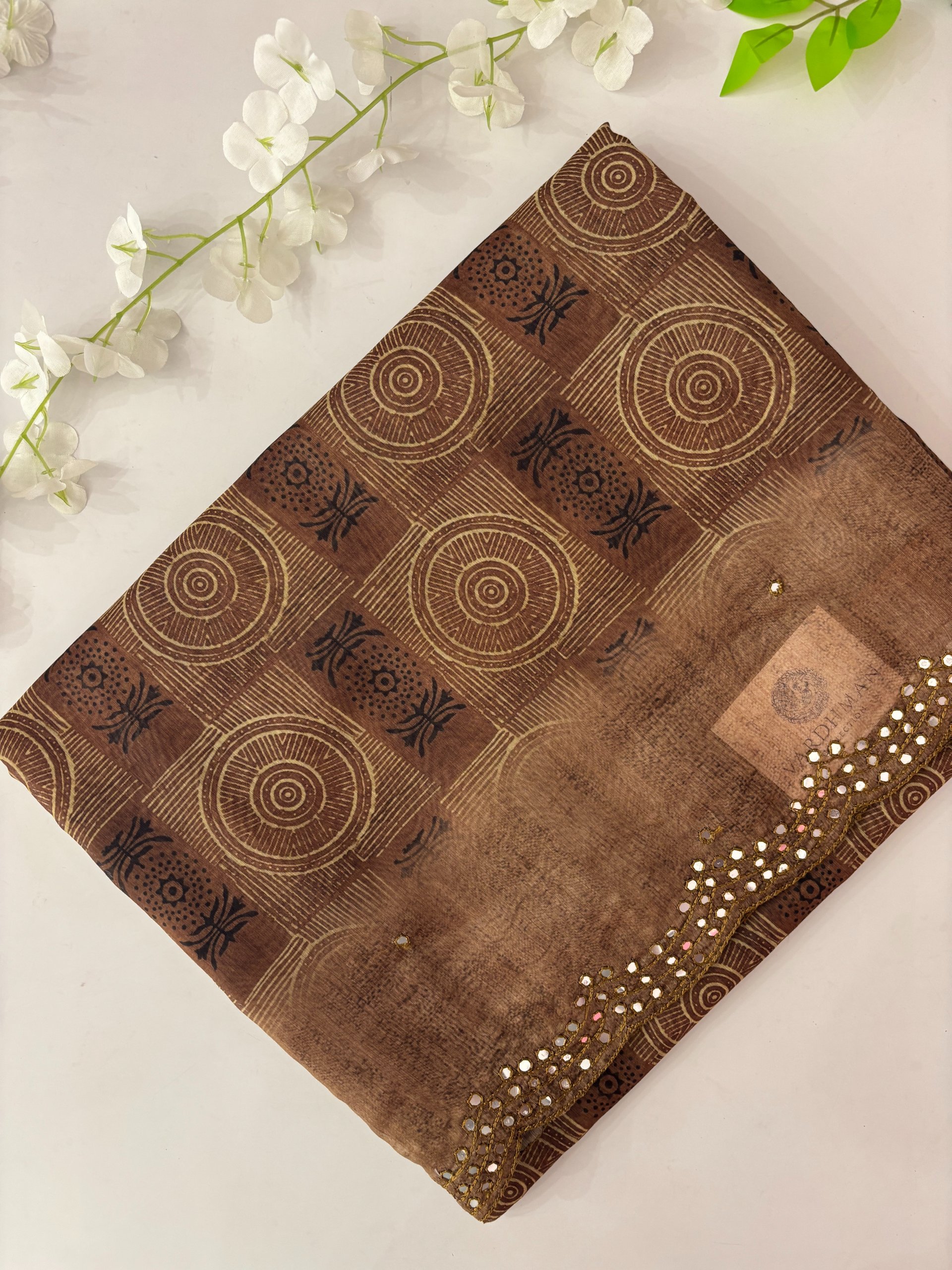 Dark Beige Scalping Border Digital Chanderi Cotton Saree with Mirror Work